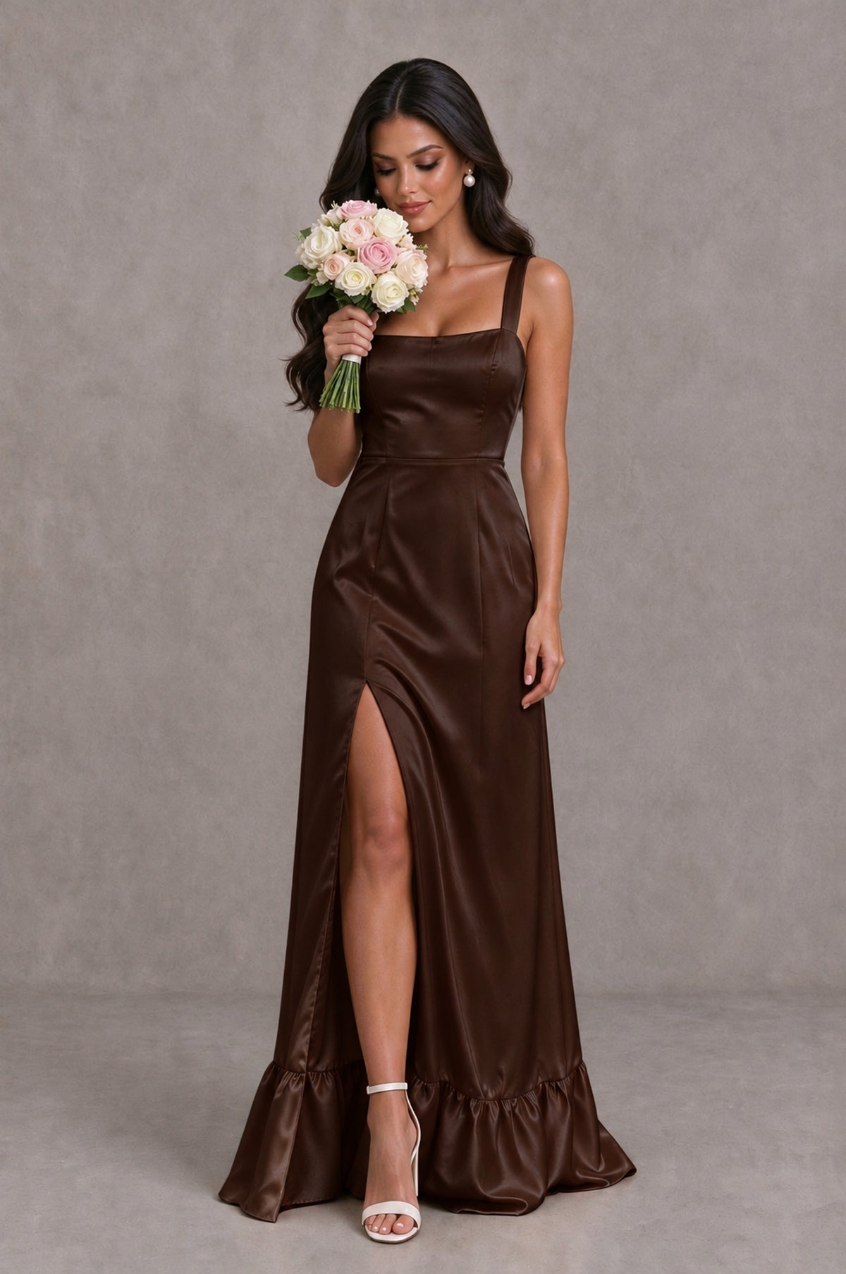 BOLODOO Chocolate Square Neck Satin Evening Dress with Lace-Up Back and High Slit - Chocolate - Chocolate_3