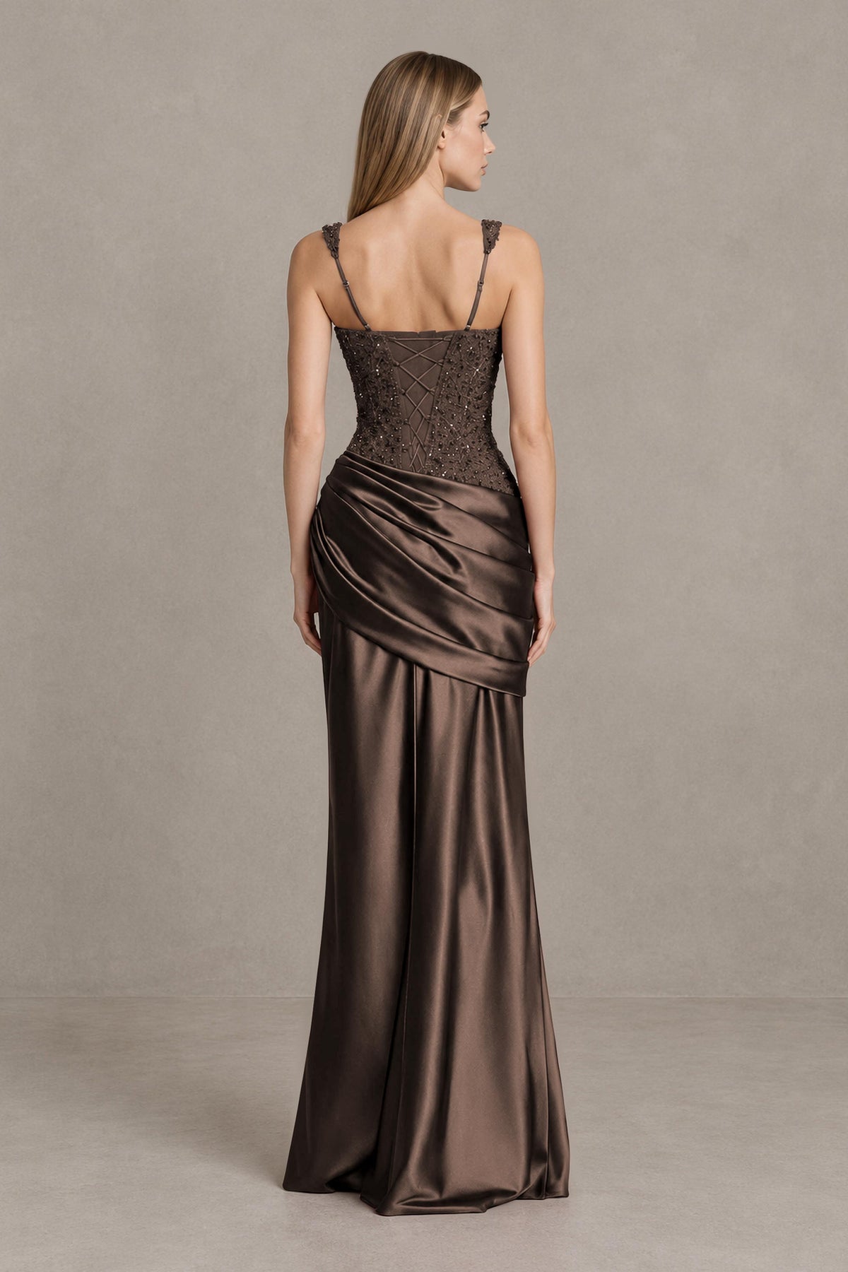 BOLODOO Chocolate Square Neck Embellished Satin Evening Gown - Chocolate
