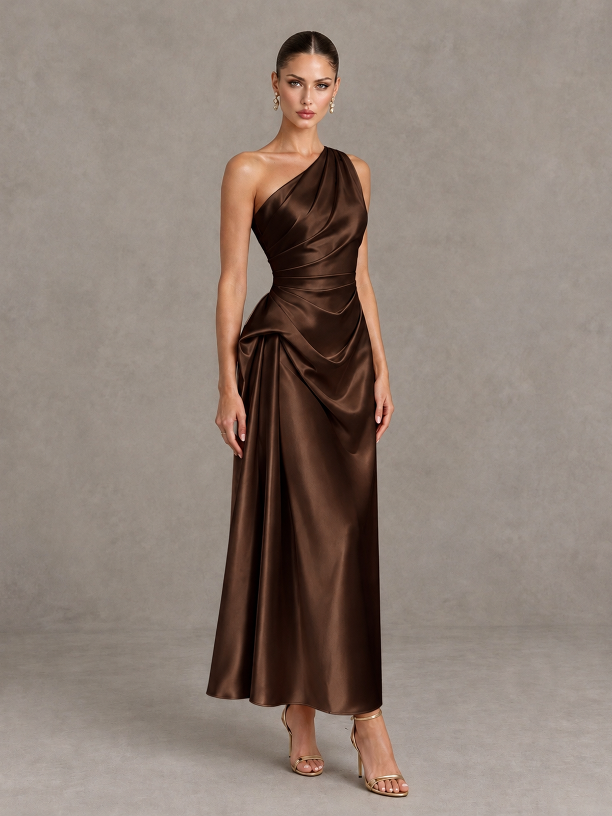 BOLODOO Chocolate One Shoulder Satin Cocktail Dress with Draped A-Line Skirt - Chocolate - Chocolate_3