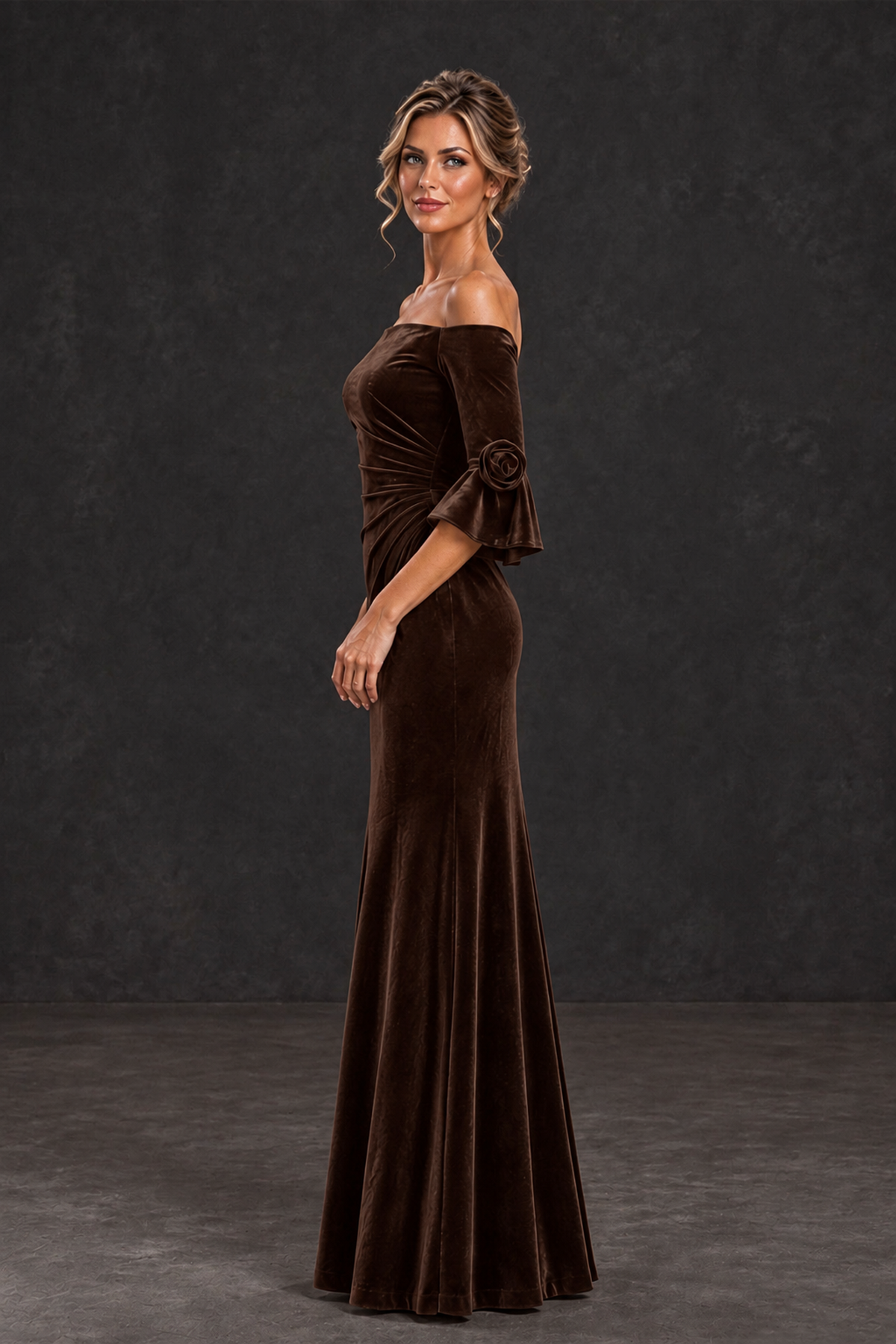 BOLODOO Chocolate Velvet Off-Shoulder Mother of the Bride Dress – 3/4 Floral Cuff Sleeve Mermaid Evening Gown - Chocolate - Chocolate_3