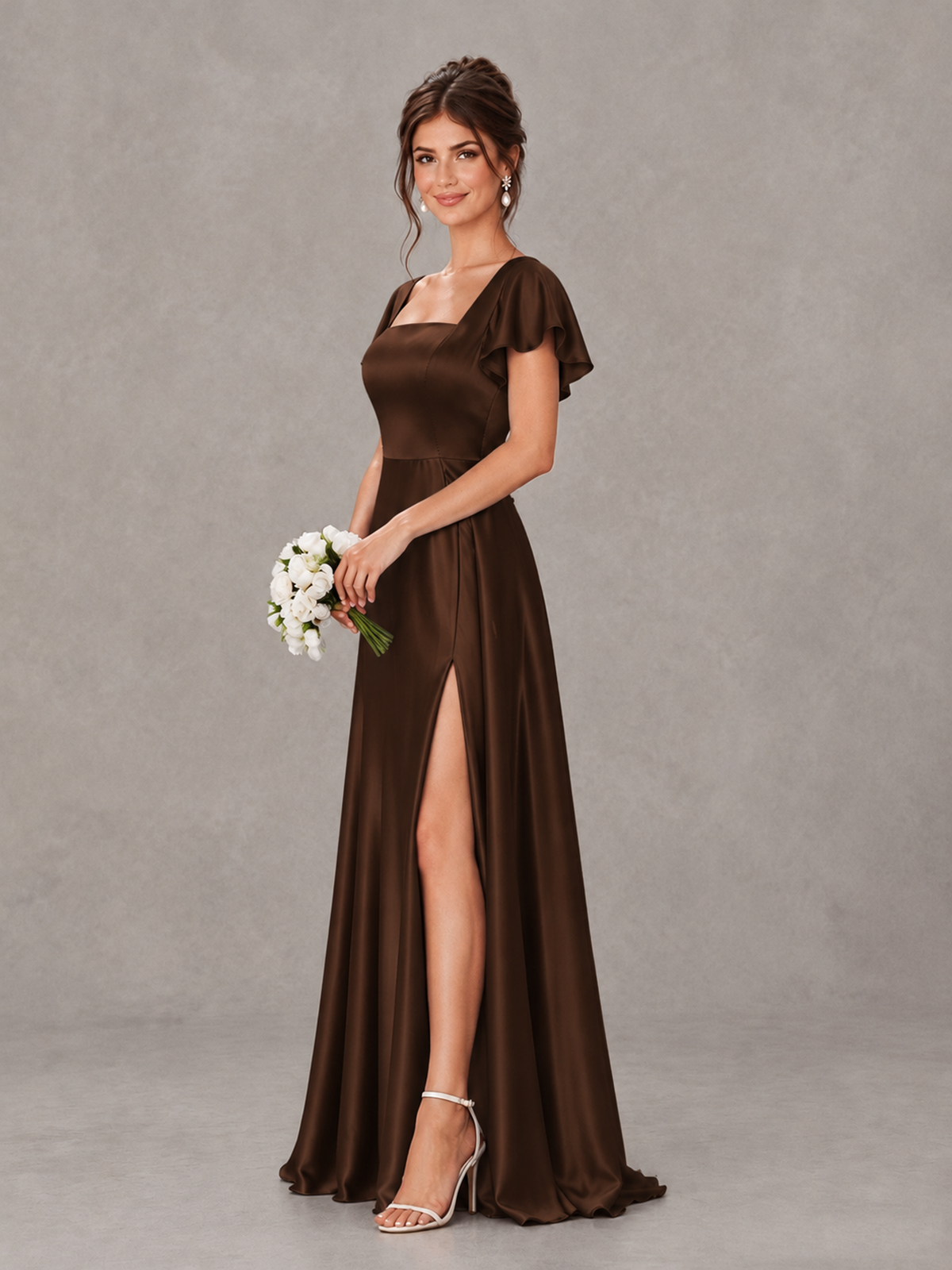BOLODOO Chocolate Satin Square Neck Flutter Sleeve A-Line Bridesmaid Dress with Slit - Chocolate - Chocolate_3