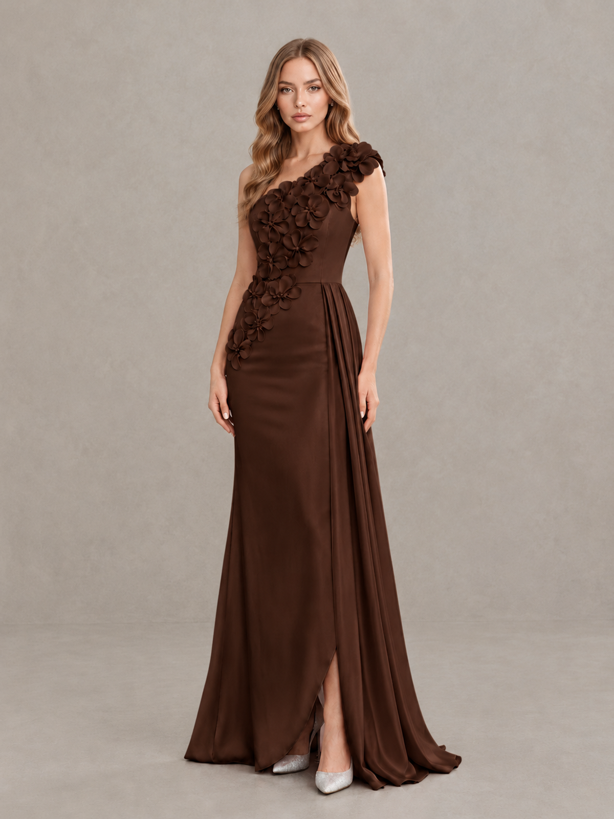 BOLODOO Chocolate One-Shoulder Satin Mermaid Evening Gown with 3D Floral Appliqué - Chocolate - Chocolate_3