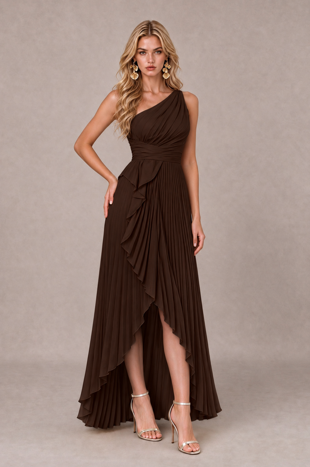 BOLODOO Chocolate One-Shoulder High-Low Ruffle Maxi Dress - Chocolate - Chocolate_3