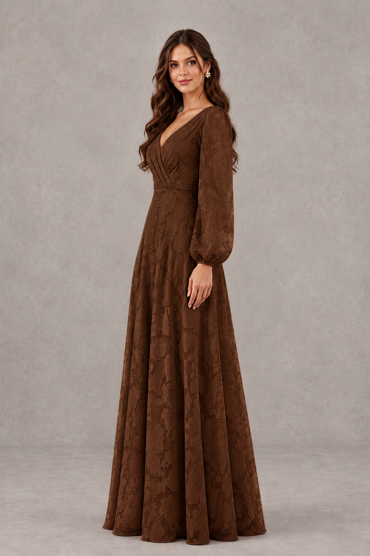 BOLODOO Chocolate Long Sleeve V-Neck A-Line Mother of the Bride Dress - Chocolate - Chocolate_3