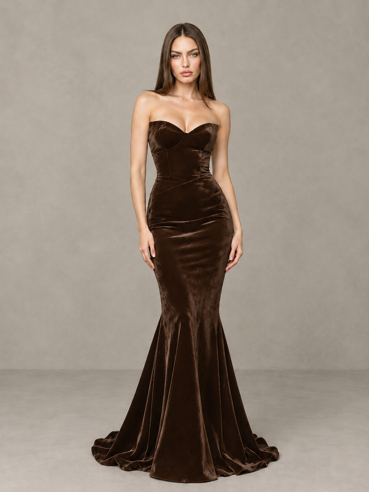 BOLODOO Chocolate Strapless Sweetheart Velvet-Look Mermaid Evening Dress - Chocolate - Chocolate_3