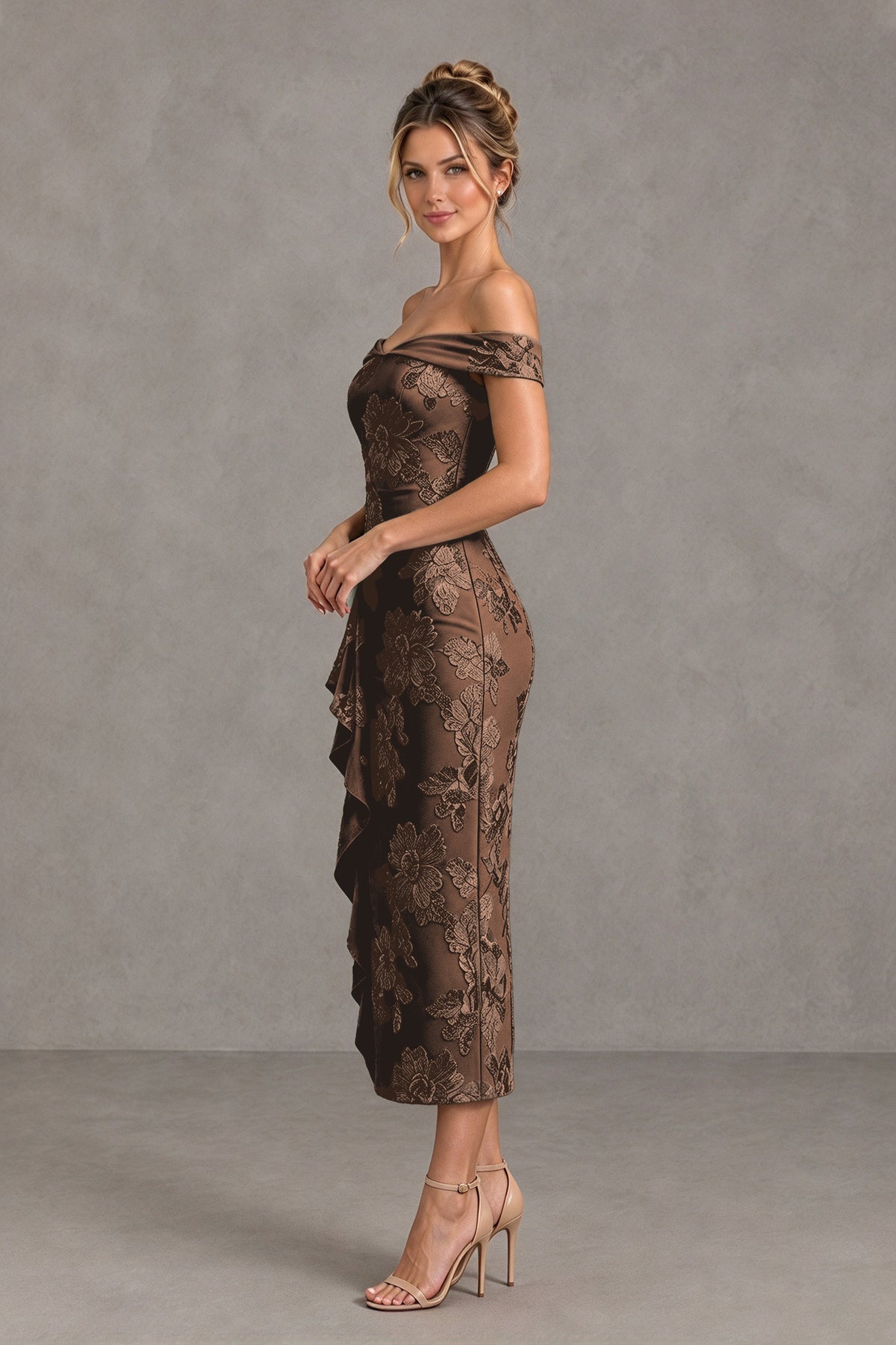 BOLODOO Chocolate Off Shoulder Floral Jacquard Midi Dress - Chocolate - Chocolate(3)