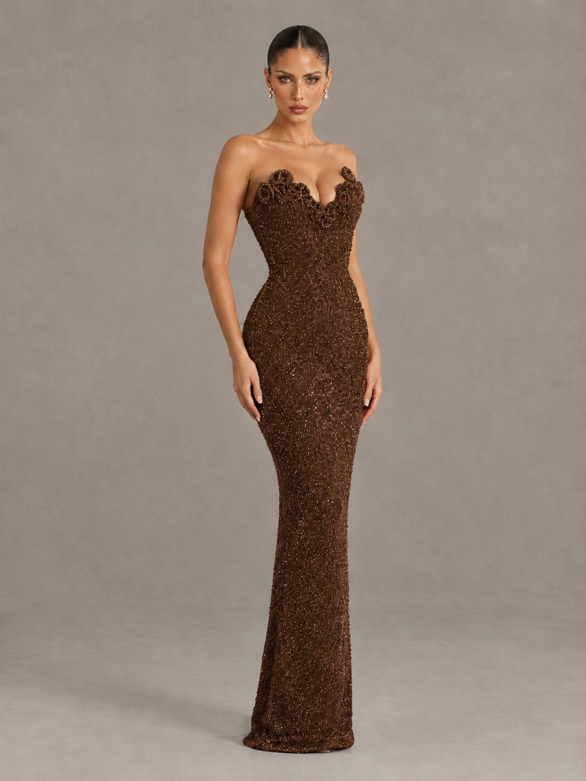 BOLODOO Chocolate Strapless Sequin Evening Gown with Floral Neckline - Chocolate - Chocolate_3
