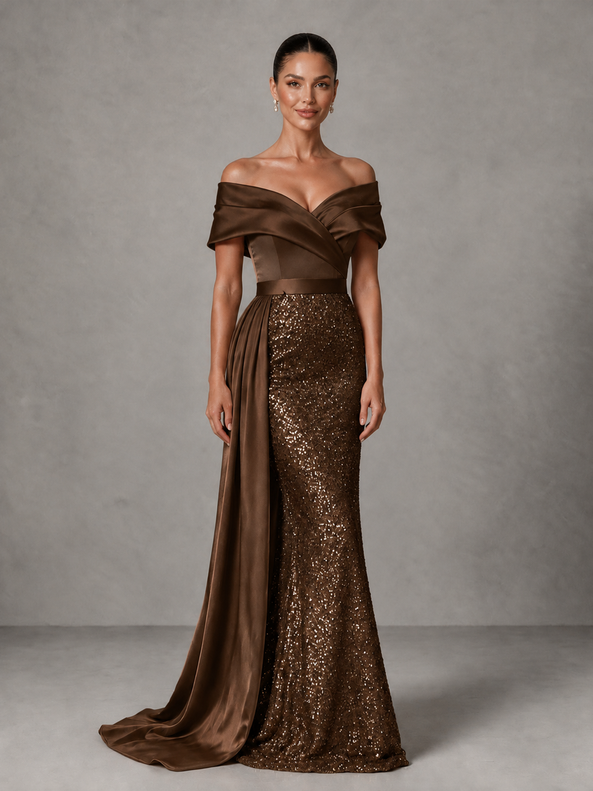 BOLODOO Chocolate Sequin Mermaid Evening Dress with Off-Shoulder Satin Drape and Sweep Train - Chocolate - Chocolate_3