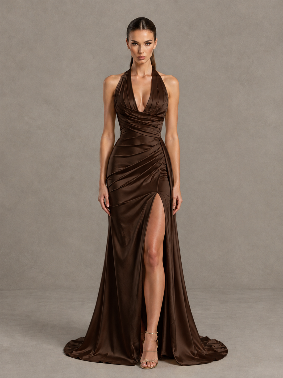 BOLODOO Chocolate Halter Satin Evening & Prom Dress with High Slit - Chocolate - Chocolate_3