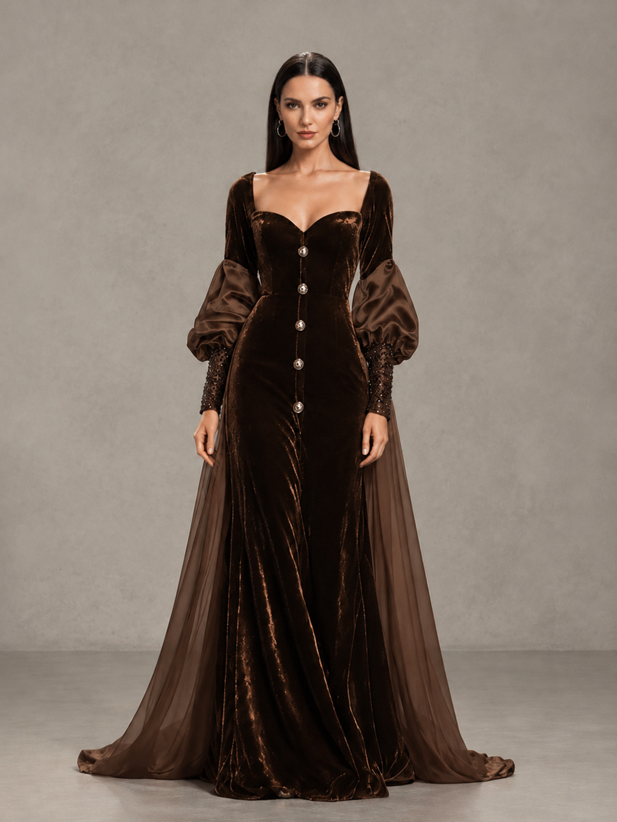 BOLODOO Chocolate Velvet Long Sleeve Open-Back Evening Gown - Chocolate - Chocolate_3