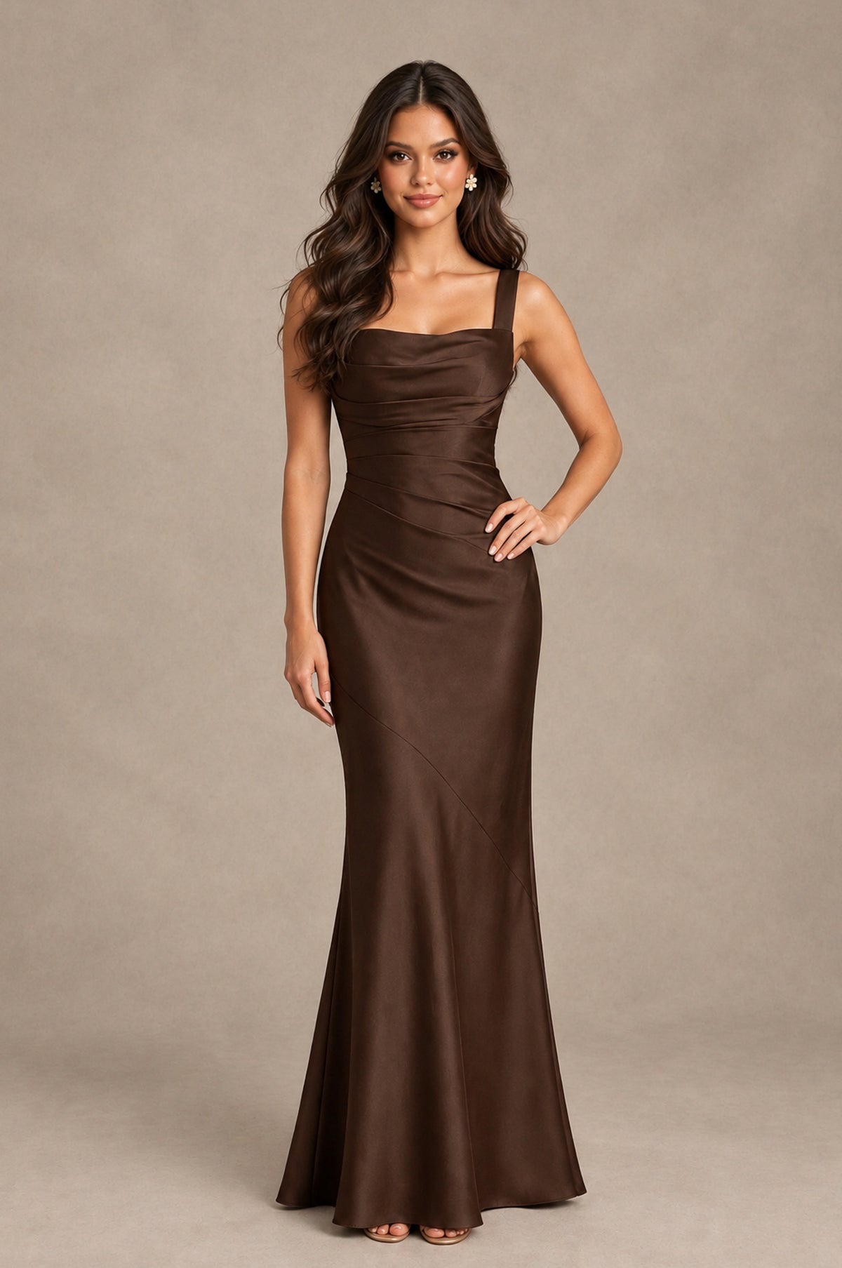 BOLODOO Chocolate Square Neck Ruched Satin Lace-Up Bridesmaid Dress - Chocolate - Chocolate_3