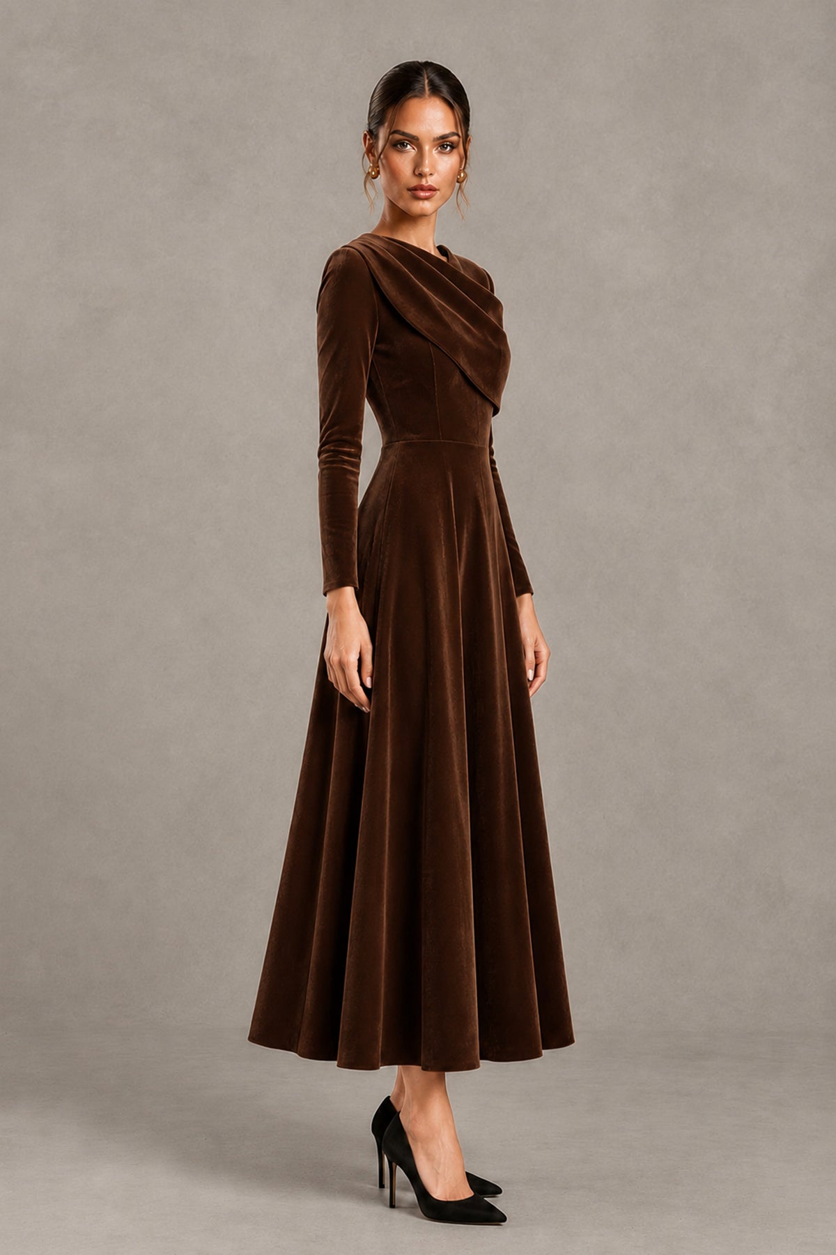 BOLODOO Chocolate Velvet-Look Long Sleeve Tea-Length A-Line Dress with Draped Neckline - Chocolate - Chocolate_3