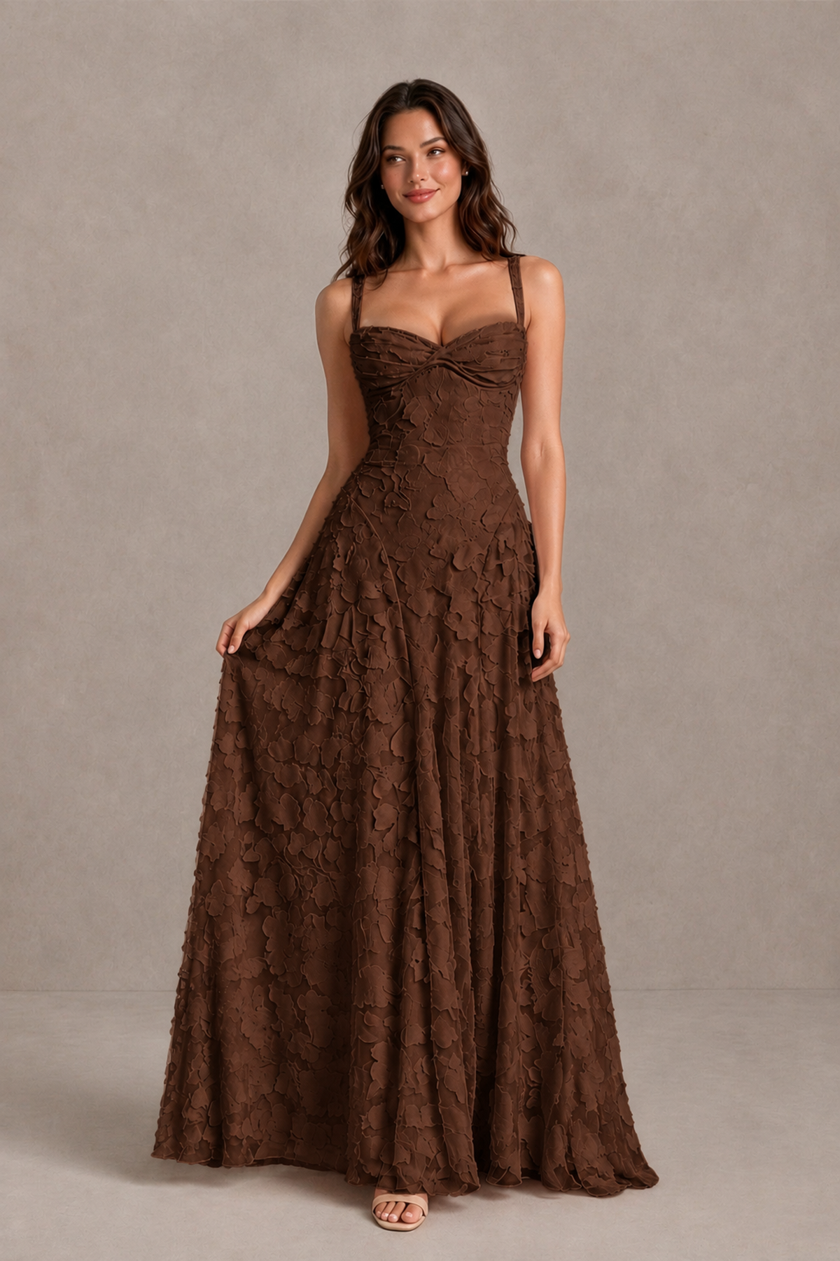 BOLODOO Chocolate Floral-Textured A-Line Dress with Lace-Up Back - Chocolate - Chocolate_3