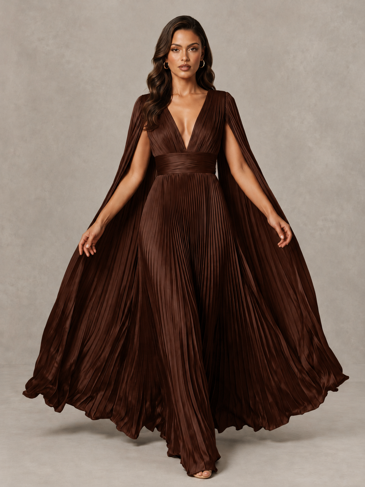 BOLODOO Chocolate Deep V-Neck Pleated Cape Sleeve Evening Gown - Chocolate - Chocolate_3