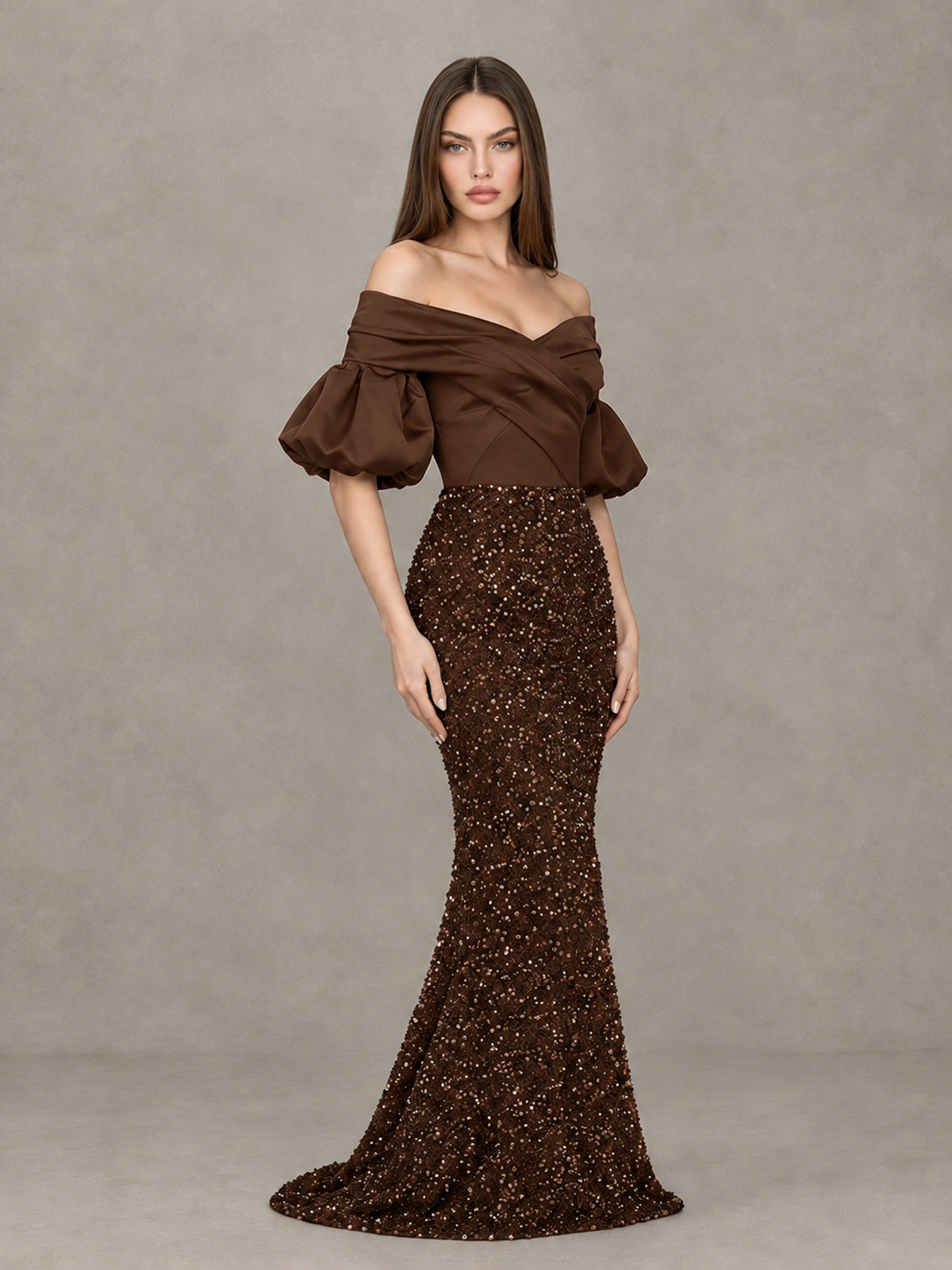 BOLODOO Chocolate Off-Shoulder Puff Sleeve Sequin Mermaid Evening Dress - Chocolate - Chocolate_3