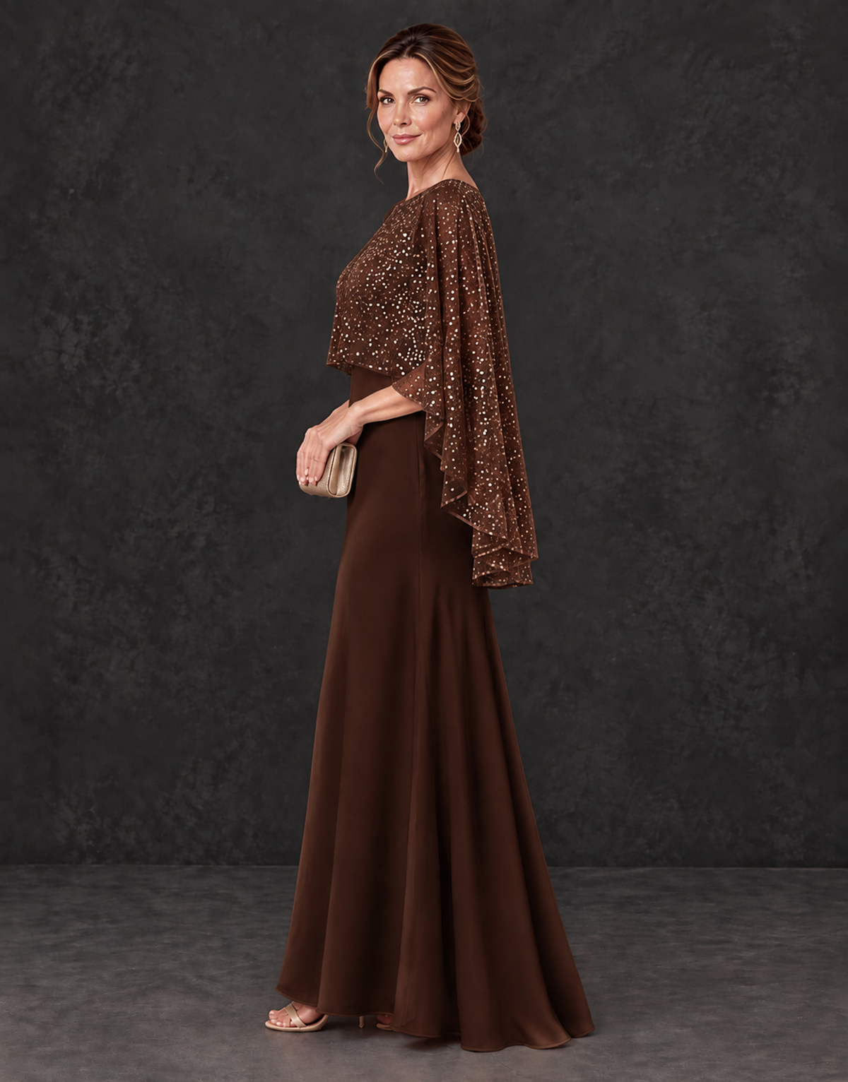 BOLODOO Chocolate Sparkle Cape Sleeve Mother of the Bride Dress - Chocolate - Chocolate_3