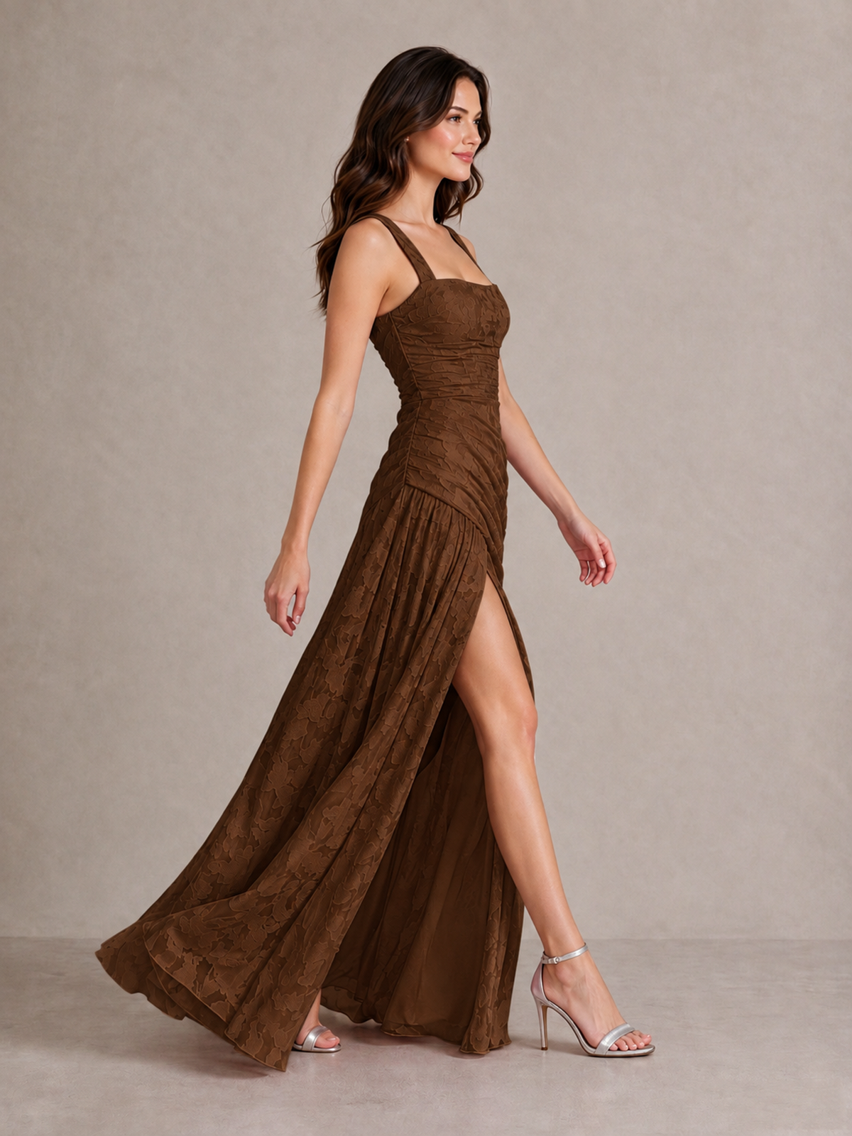 BOLODOO Chocolate Floral Jacquard Bridesmaid Dress with Square Neck, Lace-Up Back & High Slit - Chocolate - Chocolate_3