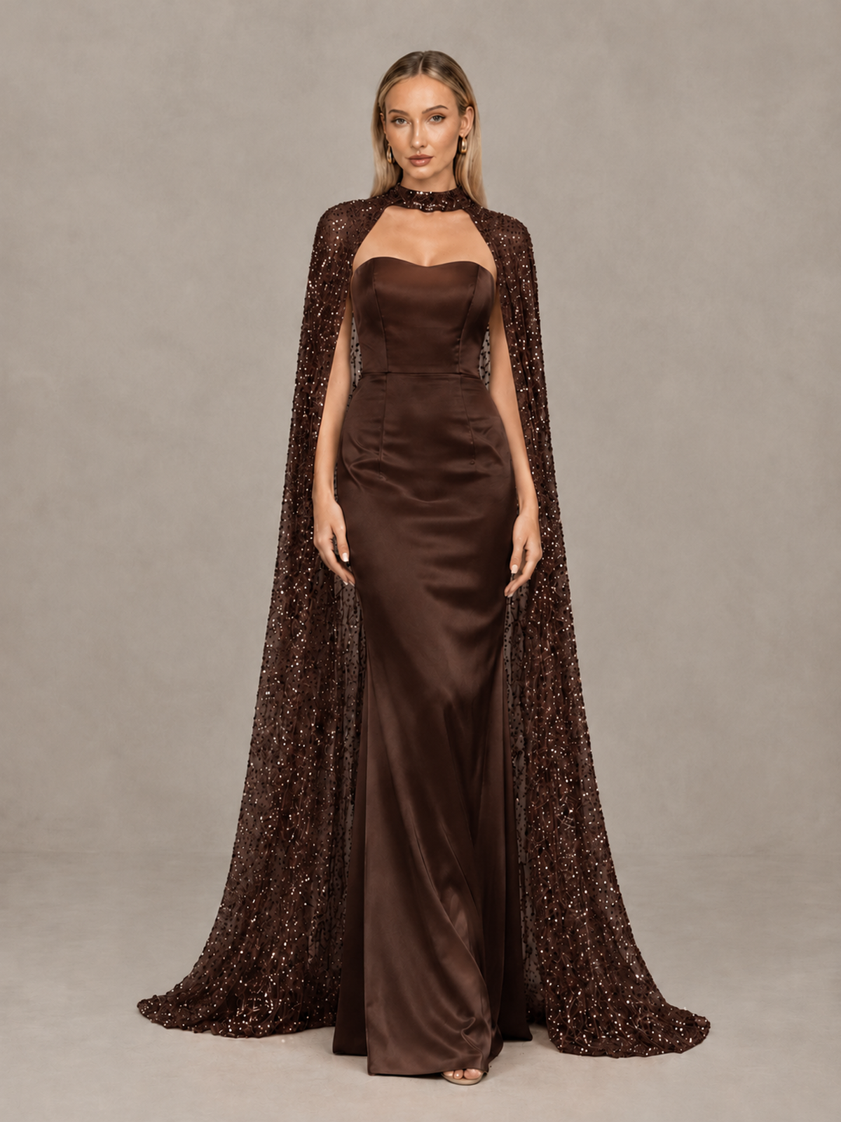 BOLODOO Chocolate Strapless Satin-Look Evening Gown with Sequin Cape - Chocolate - Chocolate_3