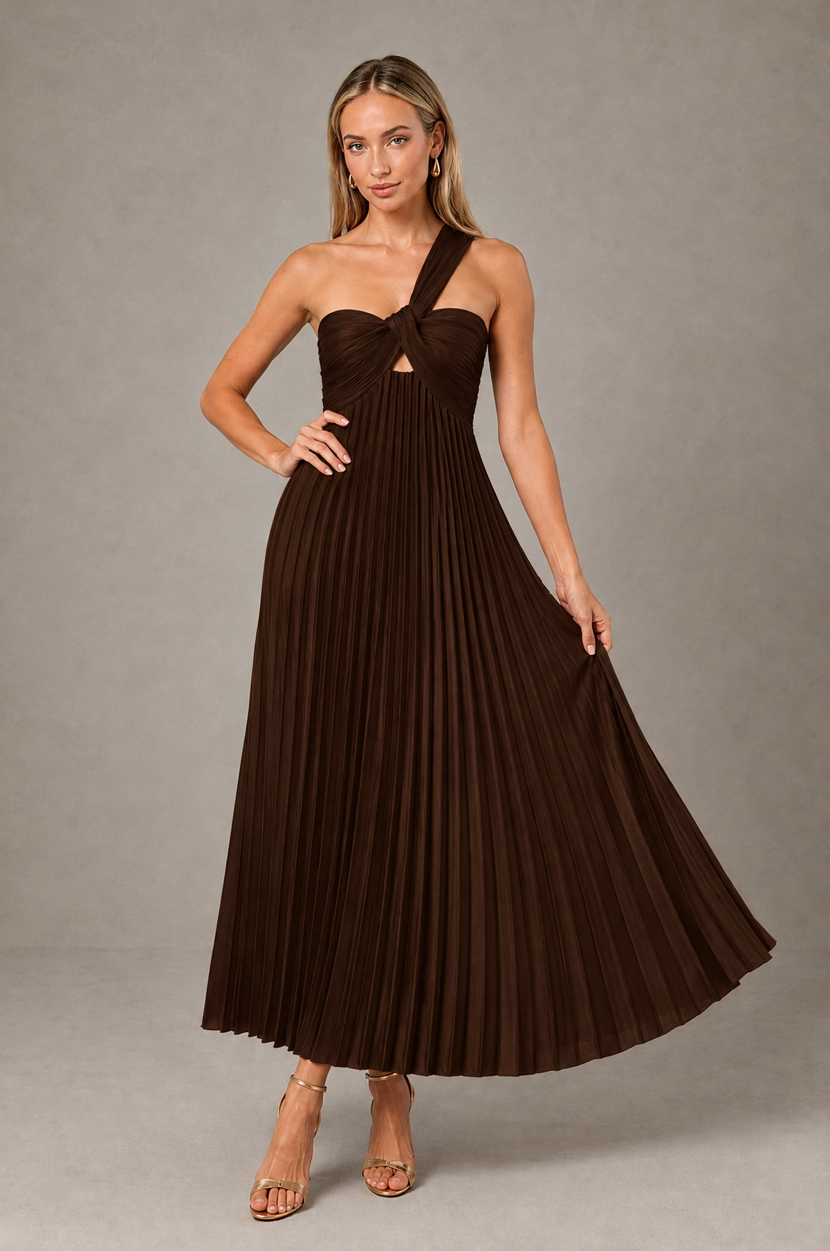 BOLODOO Chocolate One-Shoulder Twist Knot Pleated Satin Midi Dress with Cutout - Chocolate - Chocolate_4