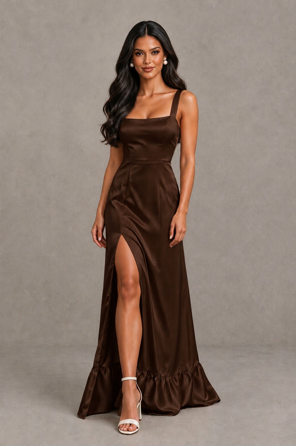 BOLODOO Chocolate Square Neck Satin Evening Dress with Lace-Up Back and High Slit - Chocolate - Chocolate_4