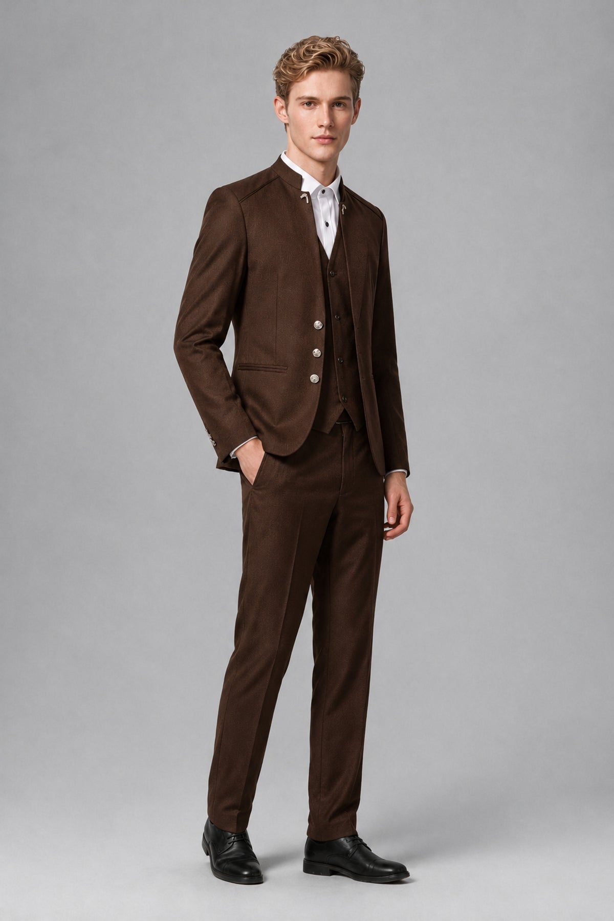 Bolodoo Men's Chocolate Mandarin Collar 3-Piece Suit – Jacket, Vest & Trousers - Chocolate - Chocolate_4