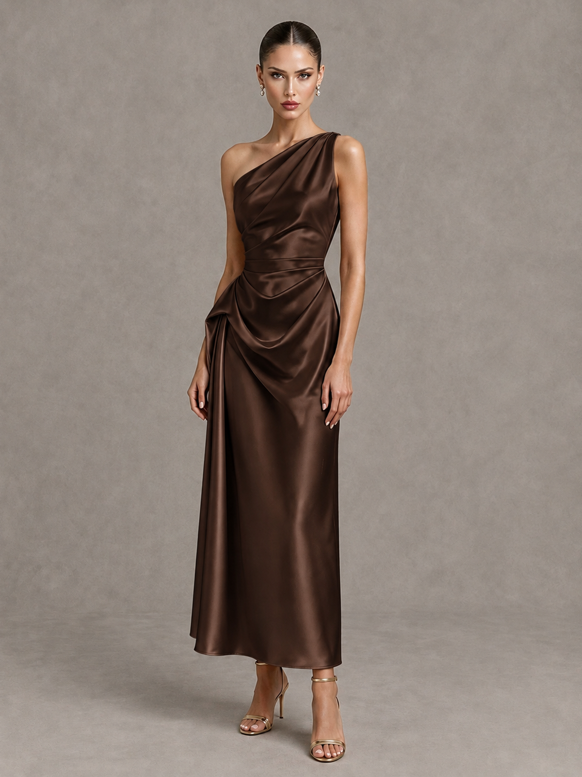 BOLODOO Chocolate One Shoulder Satin Cocktail Dress with Draped A-Line Skirt - Chocolate - Chocolate_4