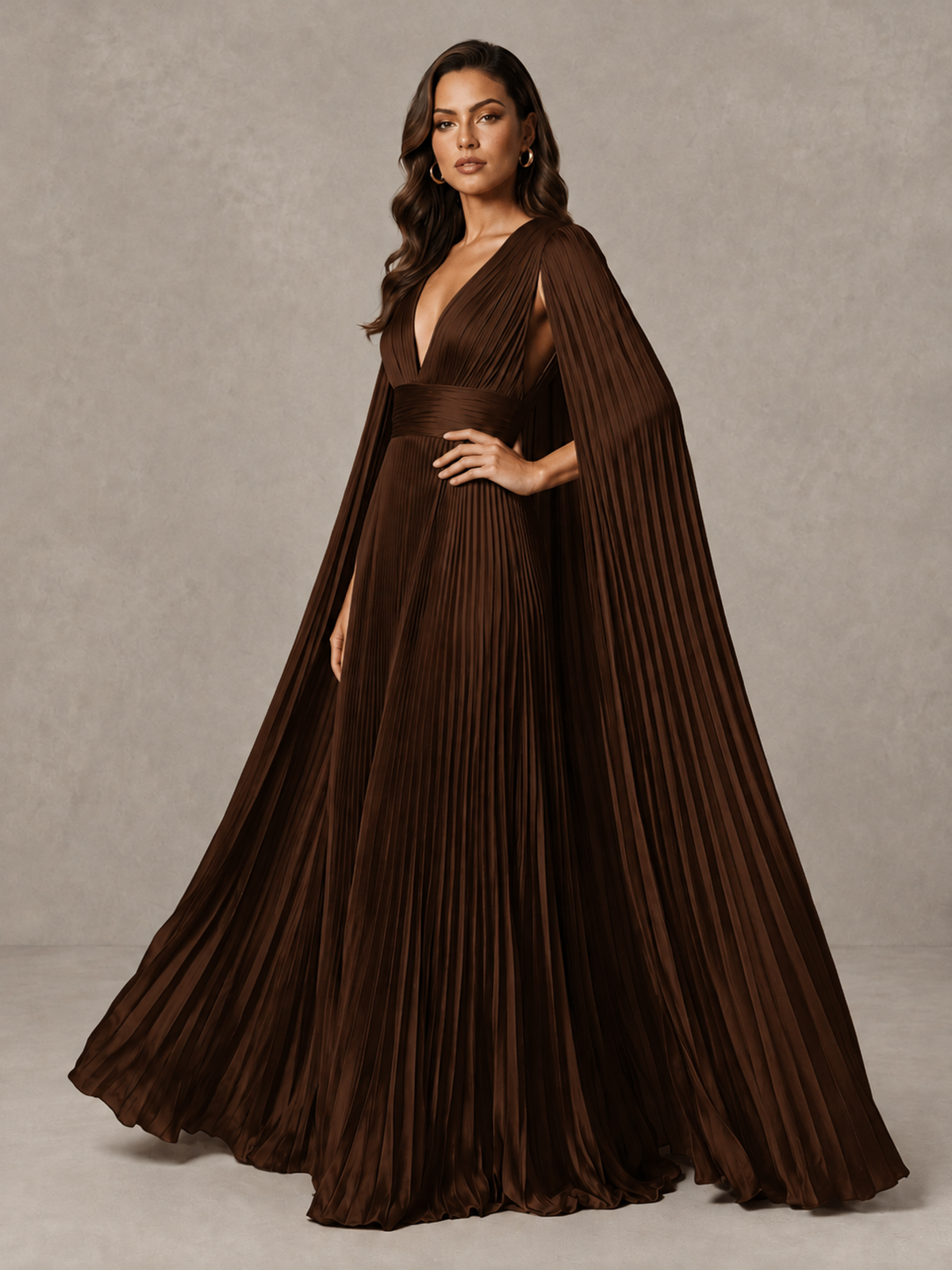 BOLODOO Chocolate Deep V-Neck Pleated Cape Sleeve Evening Gown - Chocolate - Chocolate_4