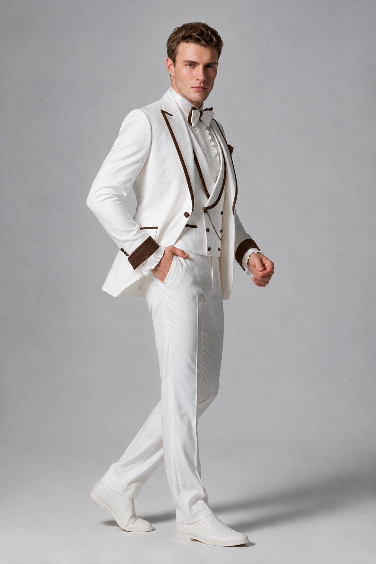 Bolodoo Men's White and Chocolate Three-Piece Wedding Tuxedo Suit - Chocolate - Chocolate_4