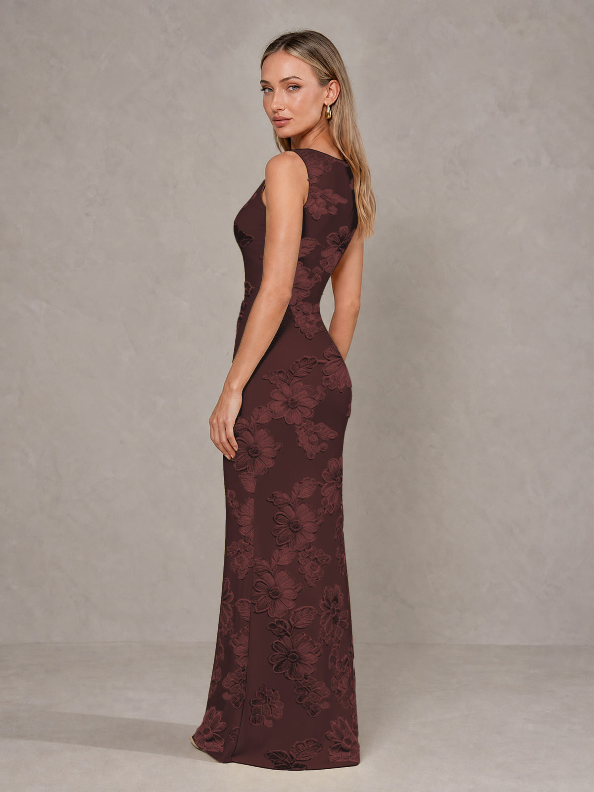 BOLODOO Chocolate Floral Sleeveless Maxi Wedding Guest Dress - Chocolate - Chocolate(4)