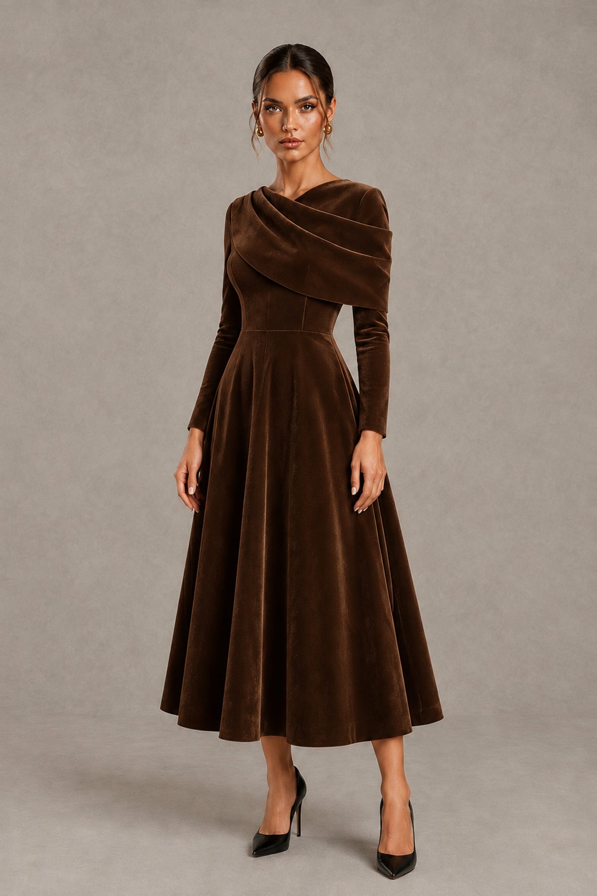 BOLODOO Chocolate Velvet-Look Long Sleeve Tea-Length A-Line Dress with Draped Neckline - Chocolate - Chocolate_4