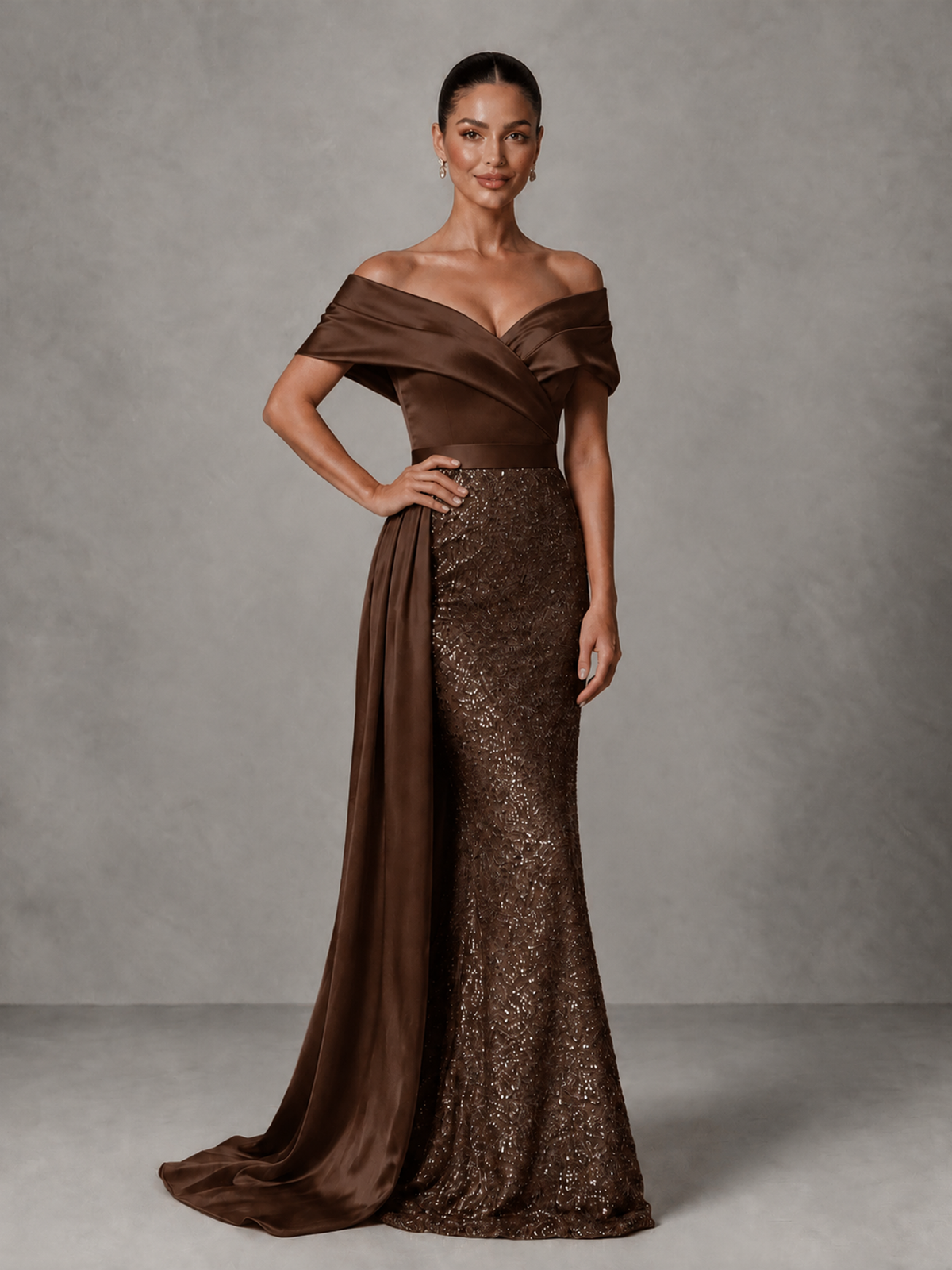 BOLODOO Chocolate Sequin Mermaid Evening Dress with Off-Shoulder Satin Drape and Sweep Train - Chocolate - Chocolate_4