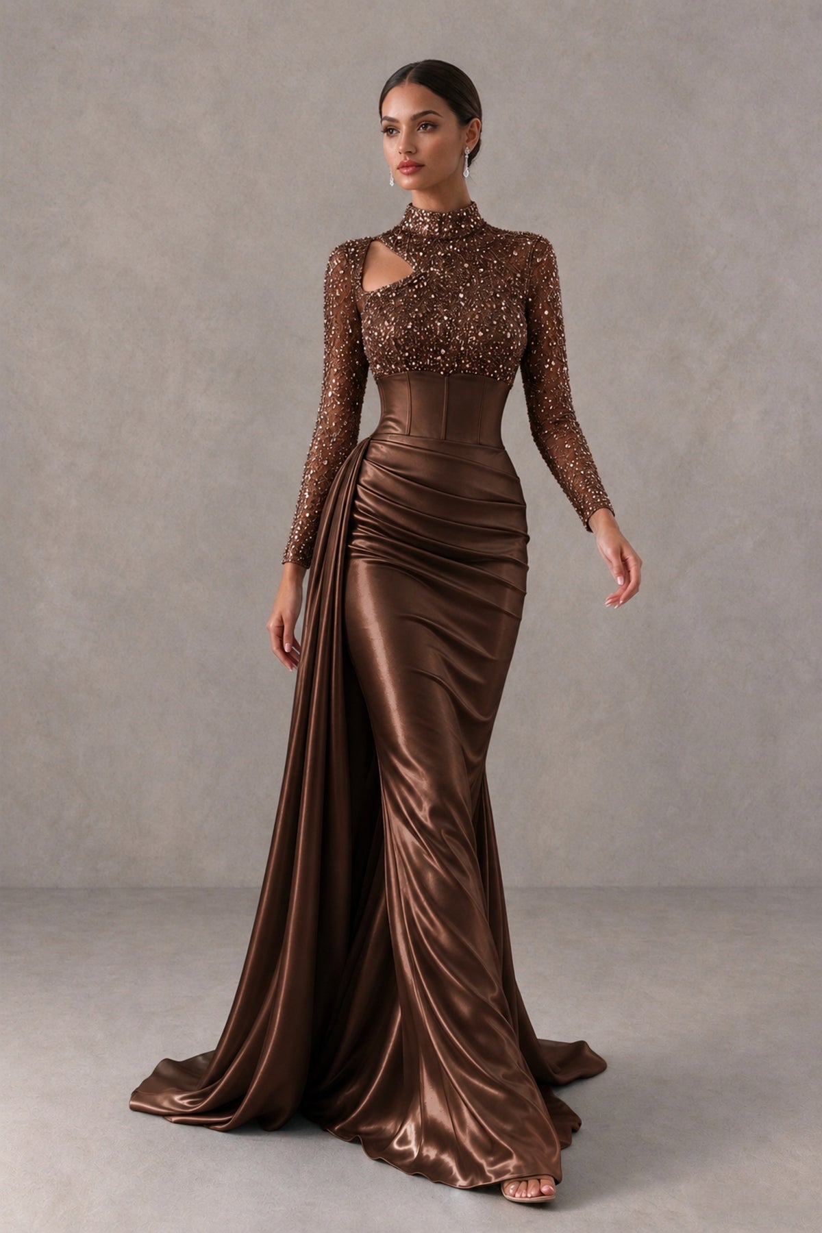 BOLODOO Chocolate Long Sleeve Embellished Satin Mermaid Evening Gown - Chocolate - Chocolate_4