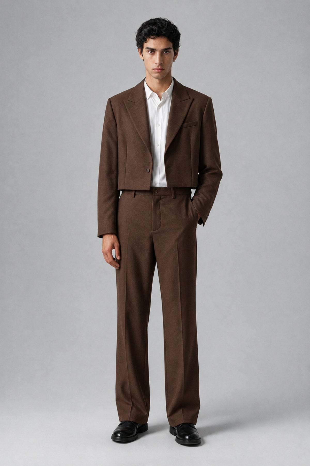 Bolodoo Men's Chocolate Cropped Blazer & Wide-Leg Trousers 2-Piece Suit - Chocolate - Chocolate(4)