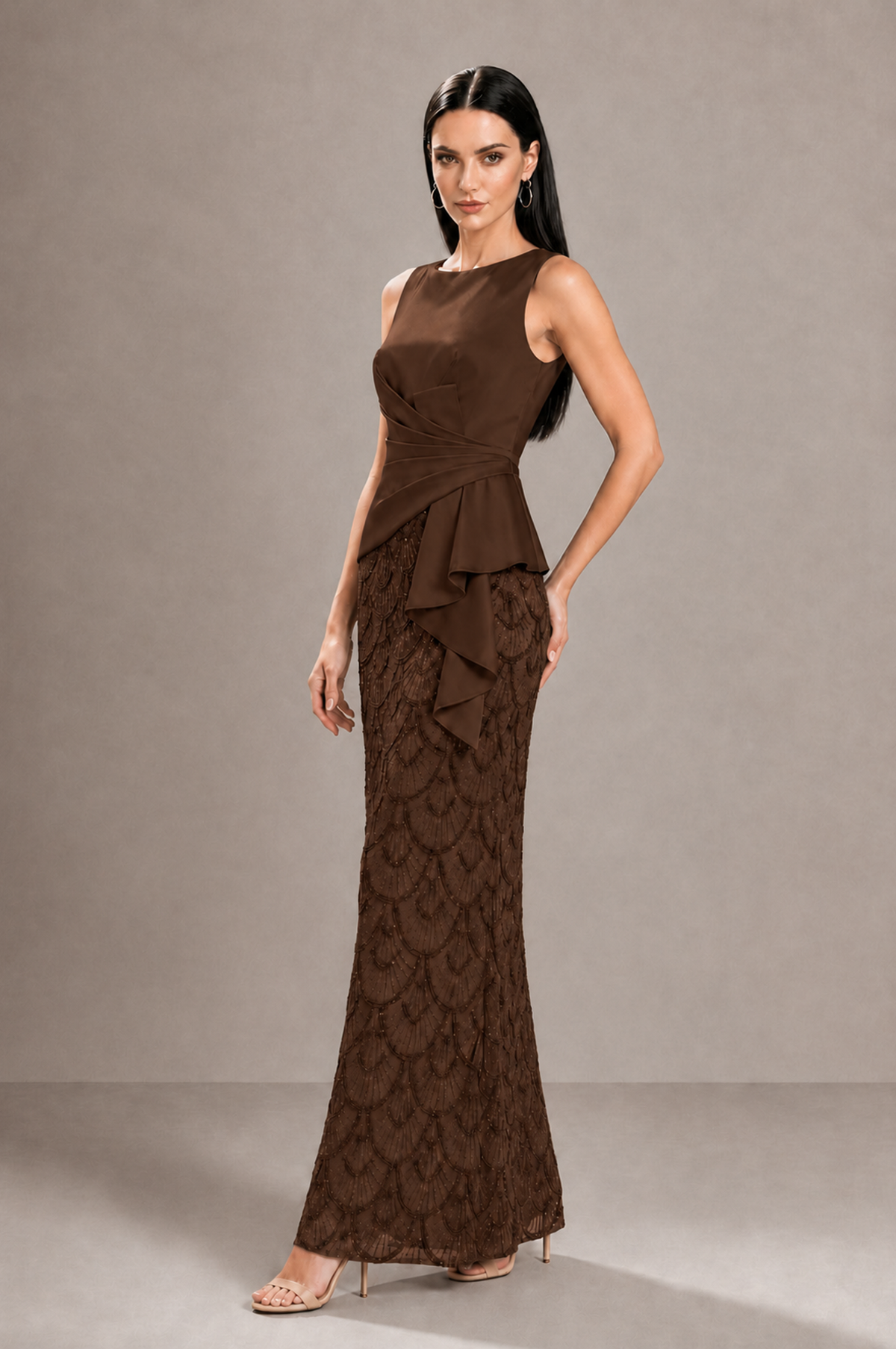 BOLODOO Chocolate Sleeveless Satin & Lace Peplum Evening Dress - Chocolate - Chocolate_4