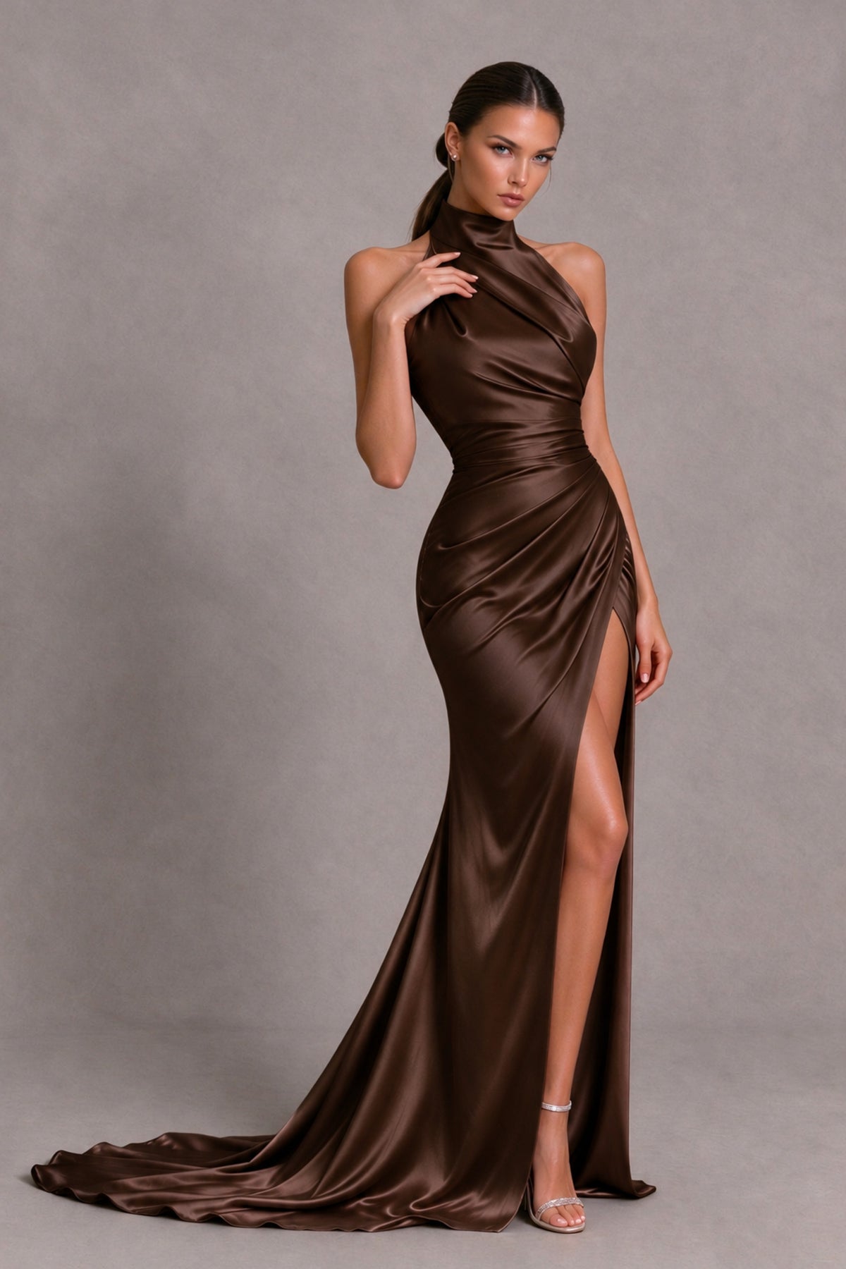 BOLODOO Chocolate Halter Satin-Look Evening Gown with High Slit - Chocolate - Chocolate_4