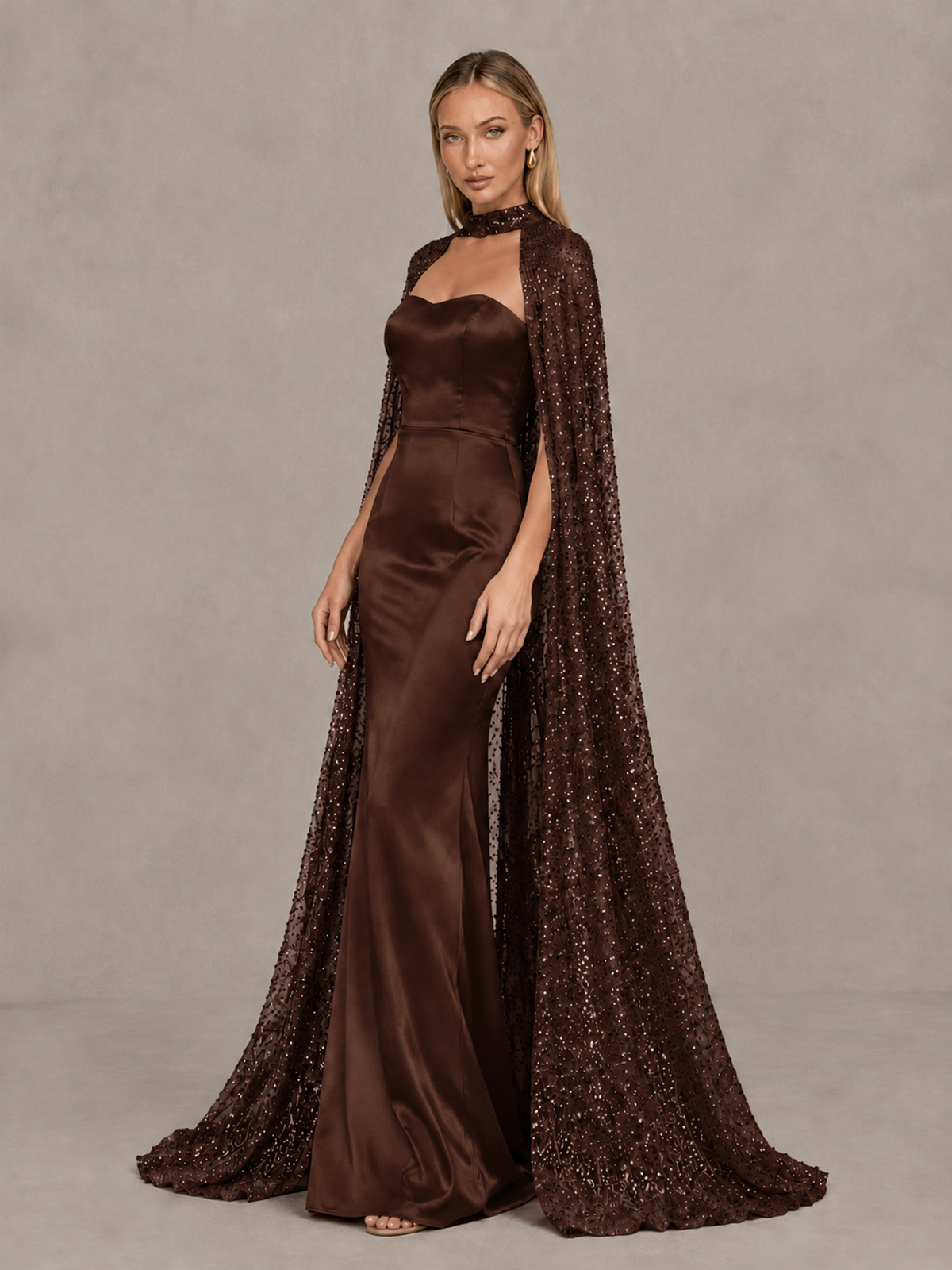 BOLODOO Chocolate Strapless Satin-Look Evening Gown with Sequin Cape - Chocolate - Chocolate_4