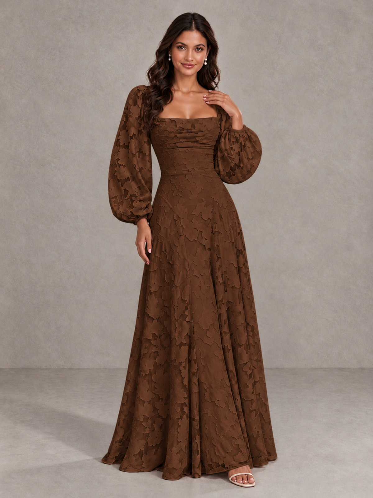 BOLODOO Chocolate Floral Long Sleeve A-Line Bridesmaid Dress - Chocolate - Chocolate_4