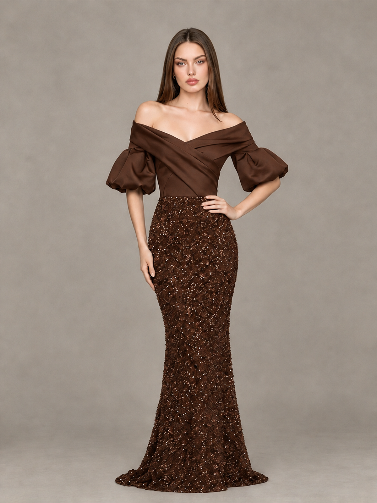 BOLODOO Chocolate Off-Shoulder Puff Sleeve Sequin Mermaid Evening Dress - Chocolate - Chocolate_4