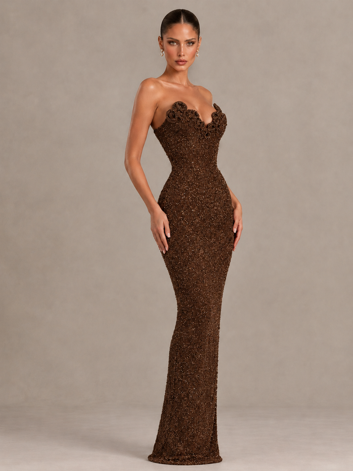 BOLODOO Chocolate Strapless Sequin Evening Gown with Floral Neckline - Chocolate - Chocolate_4
