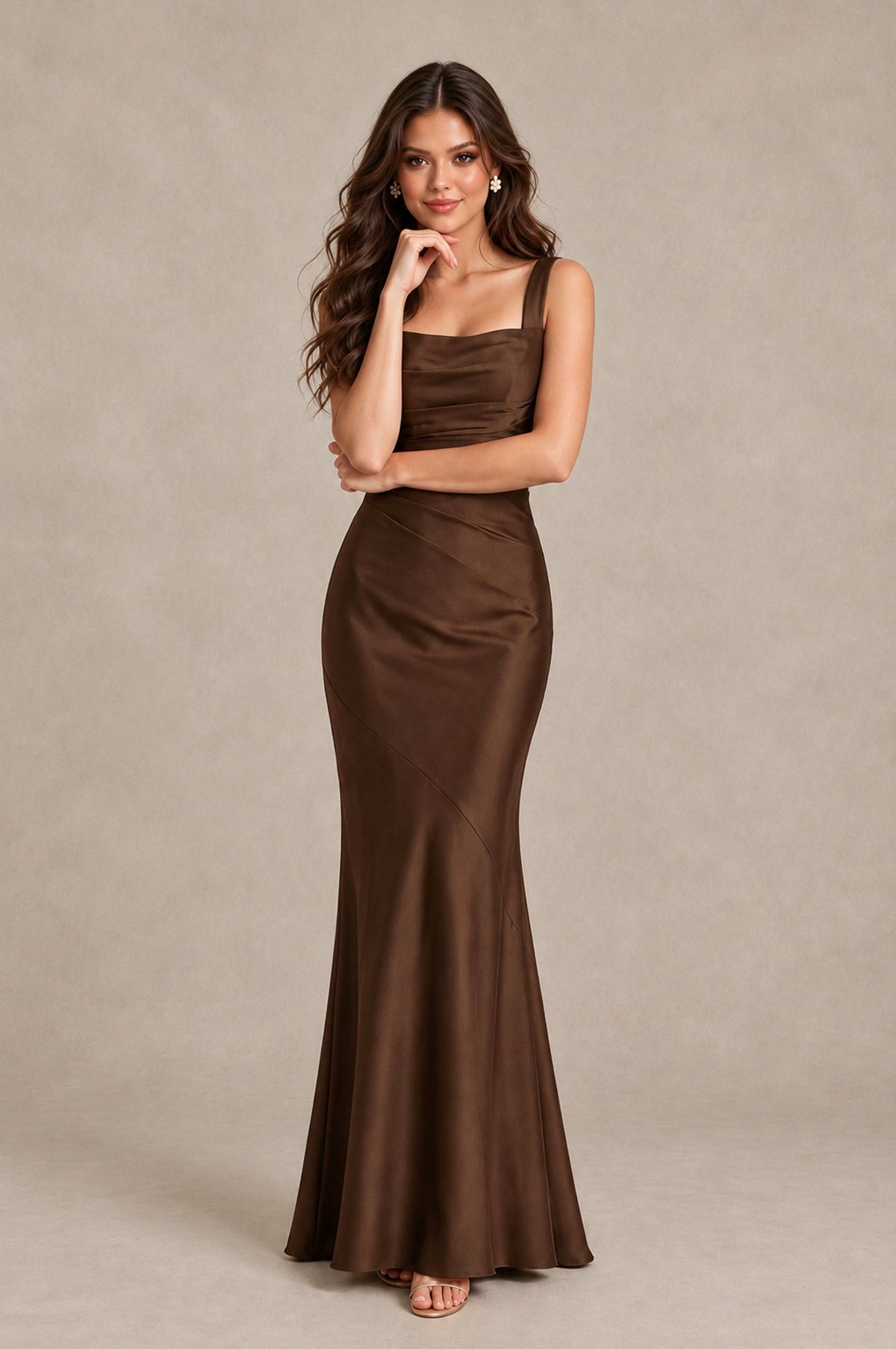 BOLODOO Chocolate Square Neck Ruched Satin Lace-Up Bridesmaid Dress - Chocolate - Chocolate_4