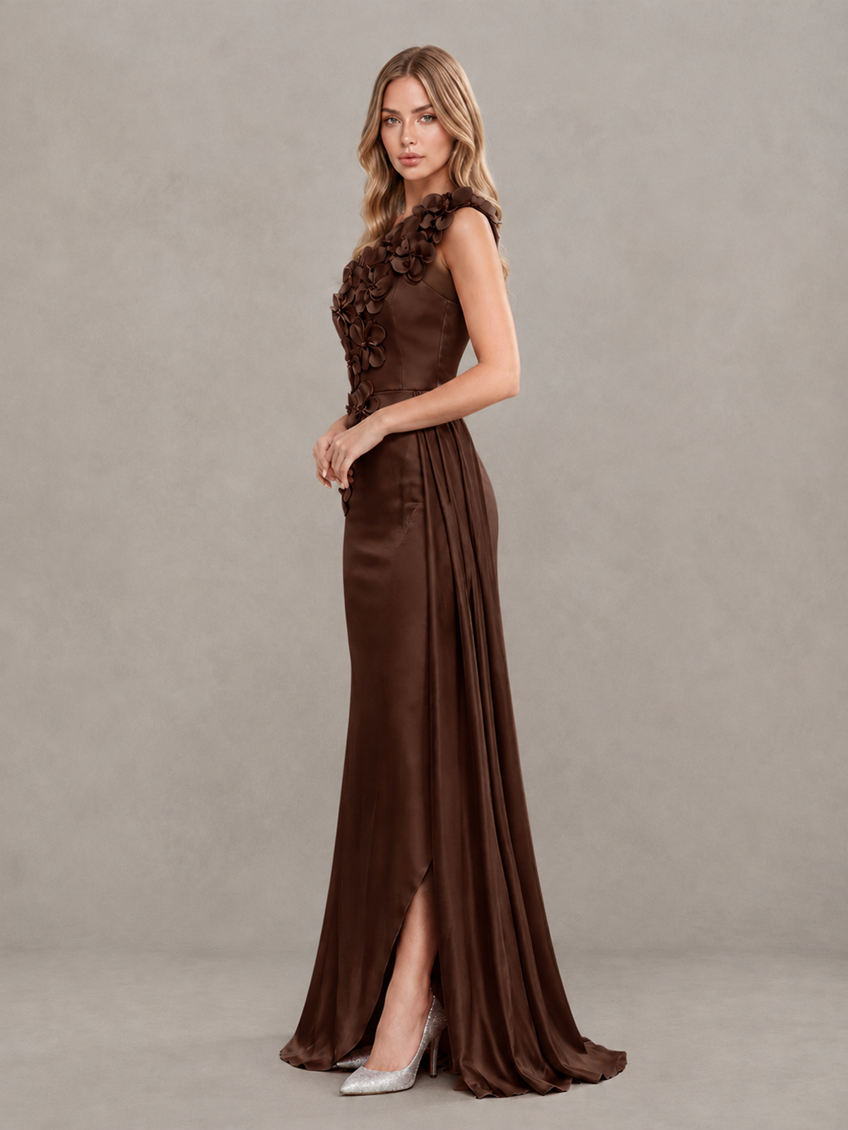 BOLODOO Chocolate One-Shoulder Satin Mermaid Evening Gown with 3D Floral Appliqué - Chocolate - Chocolate_4