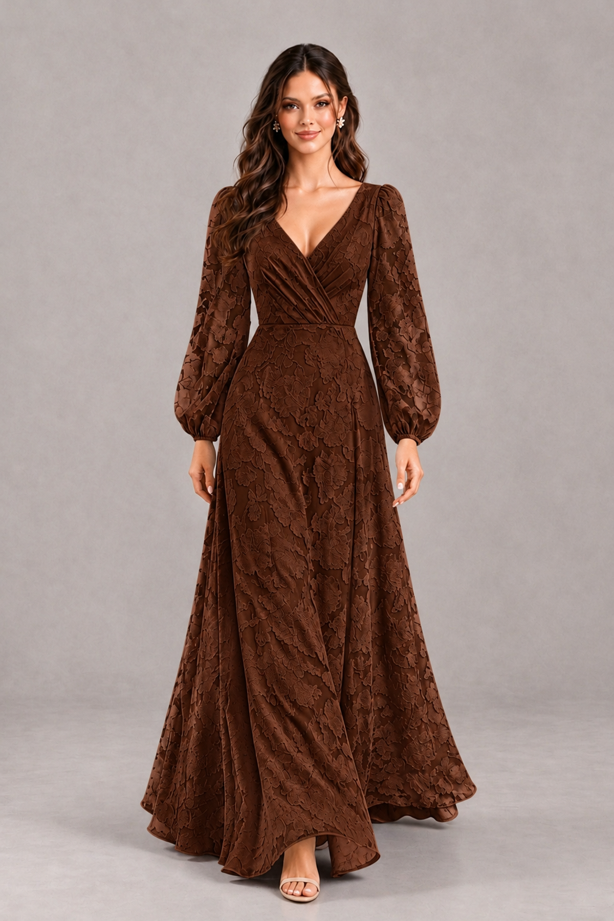 BOLODOO Chocolate Long Sleeve V-Neck A-Line Mother of the Bride Dress - Chocolate - Chocolate_4