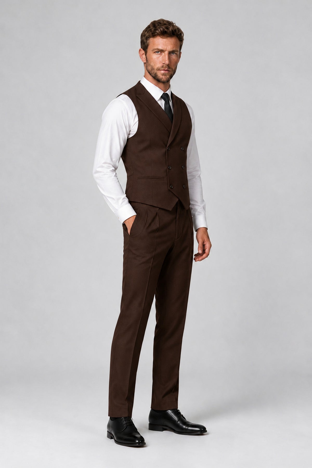 Bolodoo Men's Chocolate Double-Breasted Vest and Pants 2-Piece Suit - Chocolate - Chocolate_4