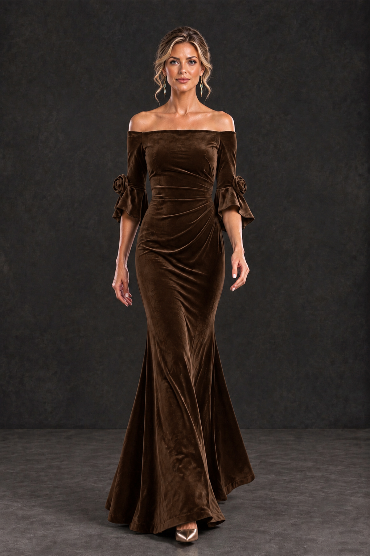 BOLODOO Chocolate Velvet Off-Shoulder Mother of the Bride Dress – 3/4 Floral Cuff Sleeve Mermaid Evening Gown - Chocolate - Chocolate_4