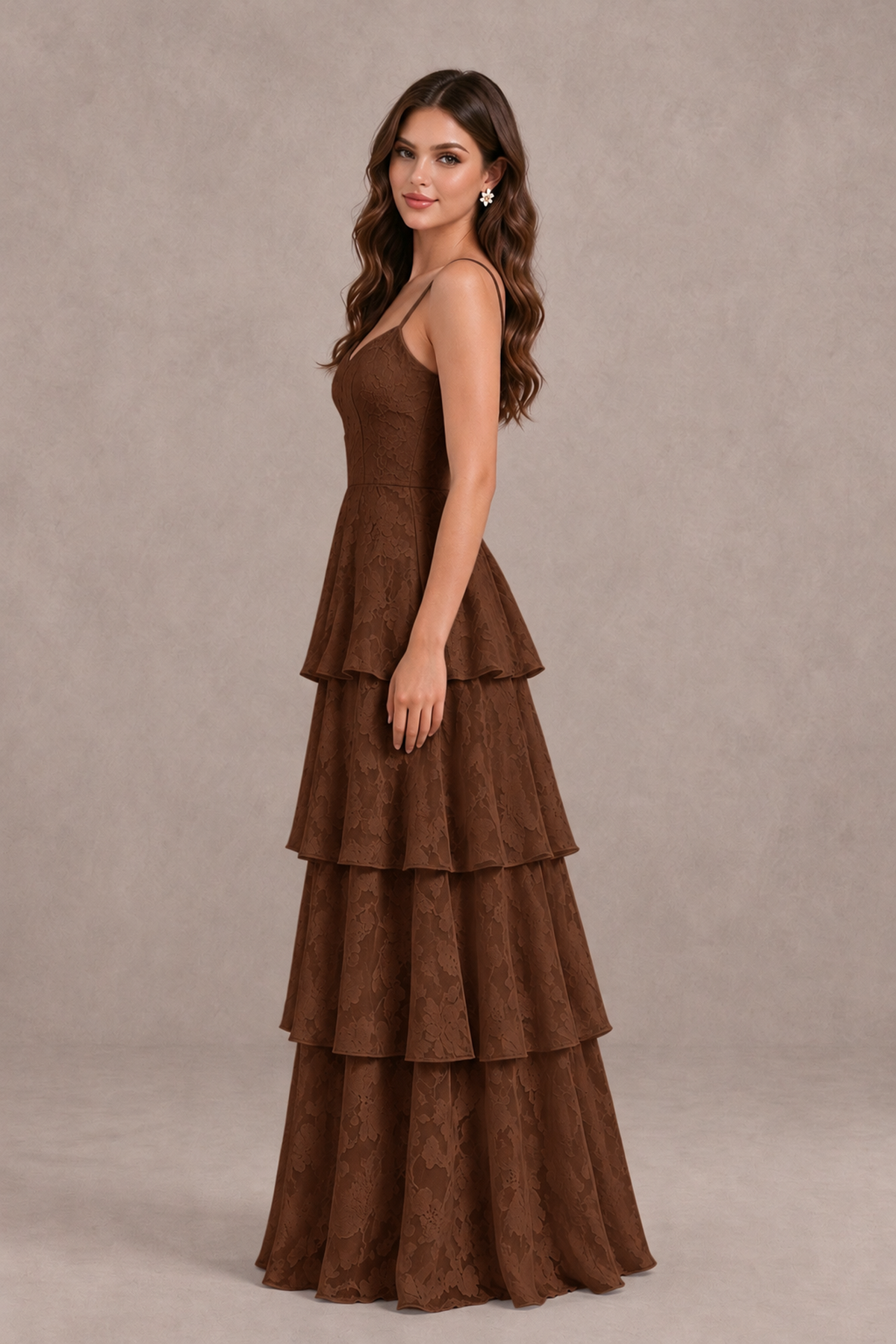 BOLODOO Chocolate Tiered Floral-Textured Spaghetti Strap Maxi Dress - Chocolate - Chocolate_4