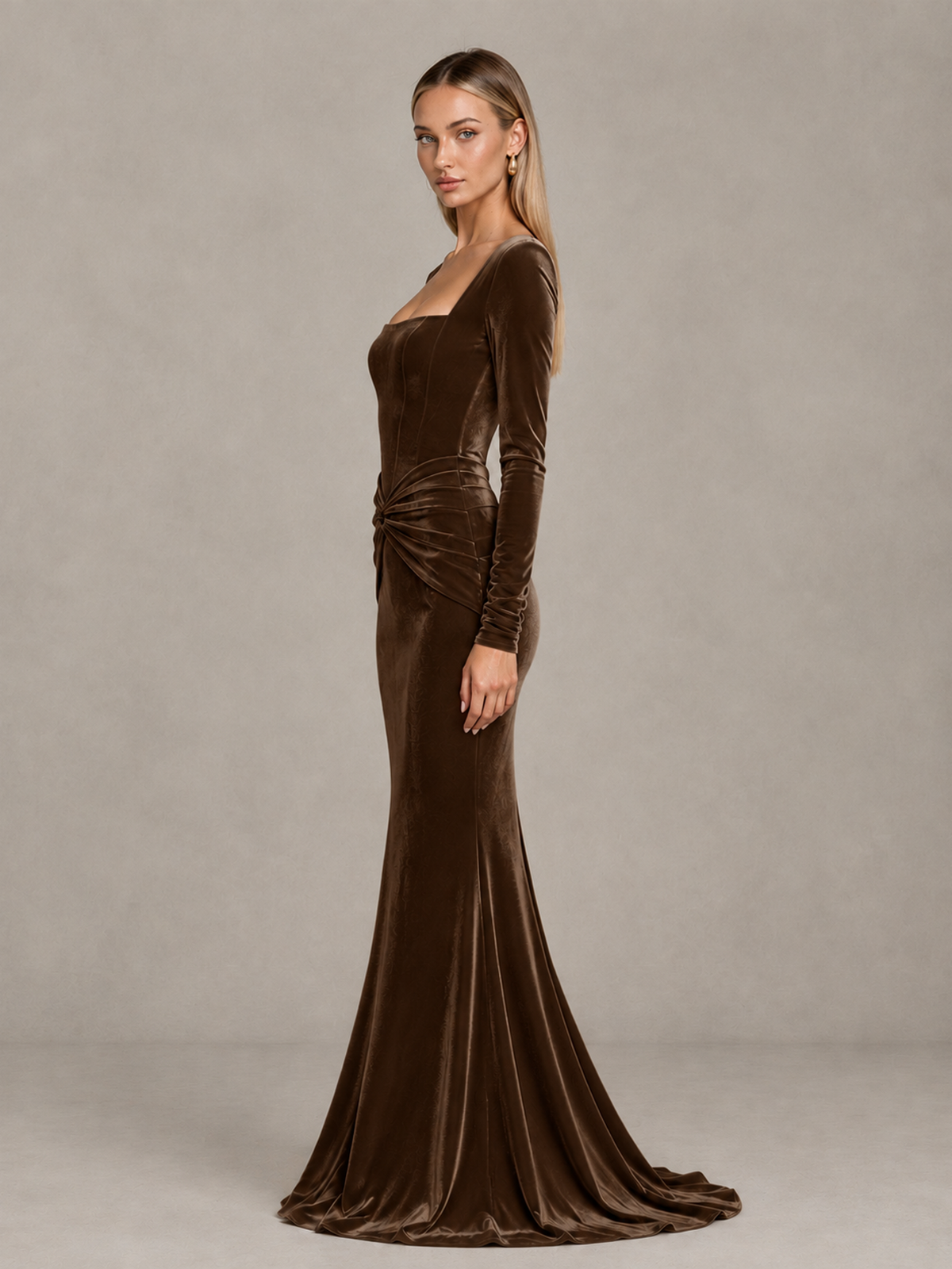 BOLODOO Chocolate Velvet-Look Square Neck Long Sleeve Mermaid Evening Dress - Chocolate - Chocolate_4