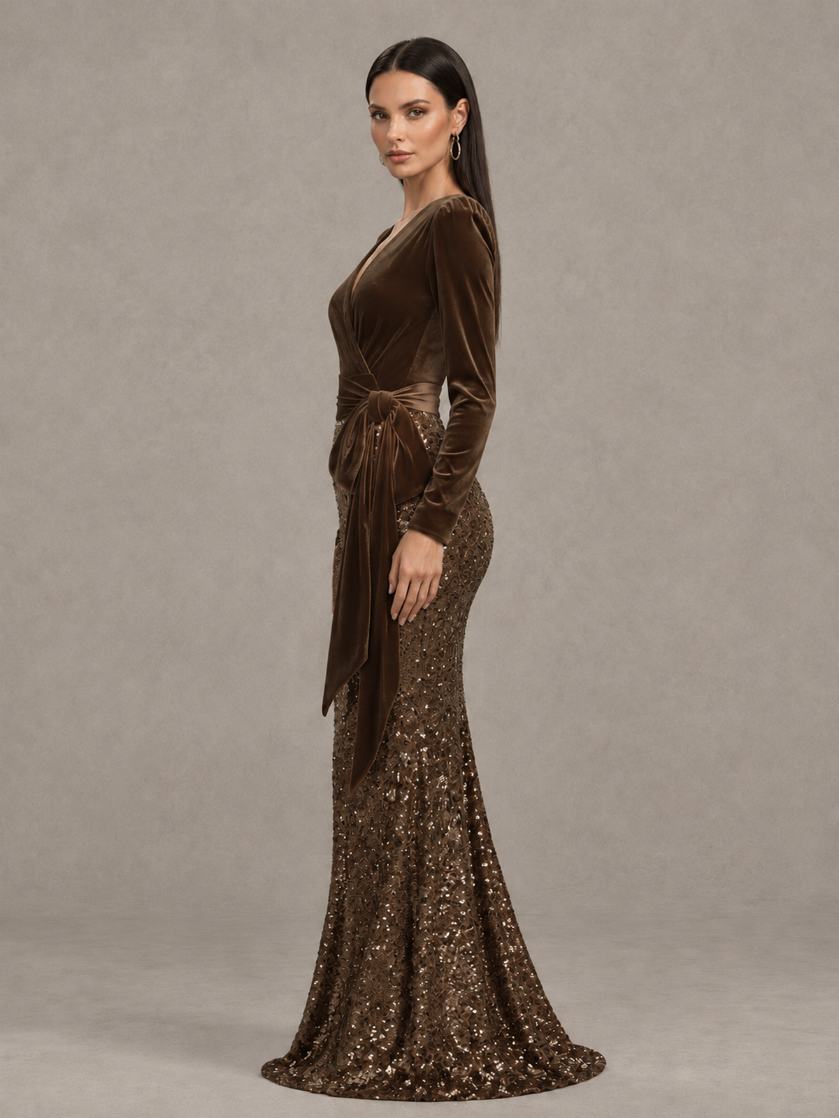 BOLODOO Chocolate Velvet & Sequin Long Sleeve V-Neck Mermaid Evening Gown - Chocolate - Chocolate_4