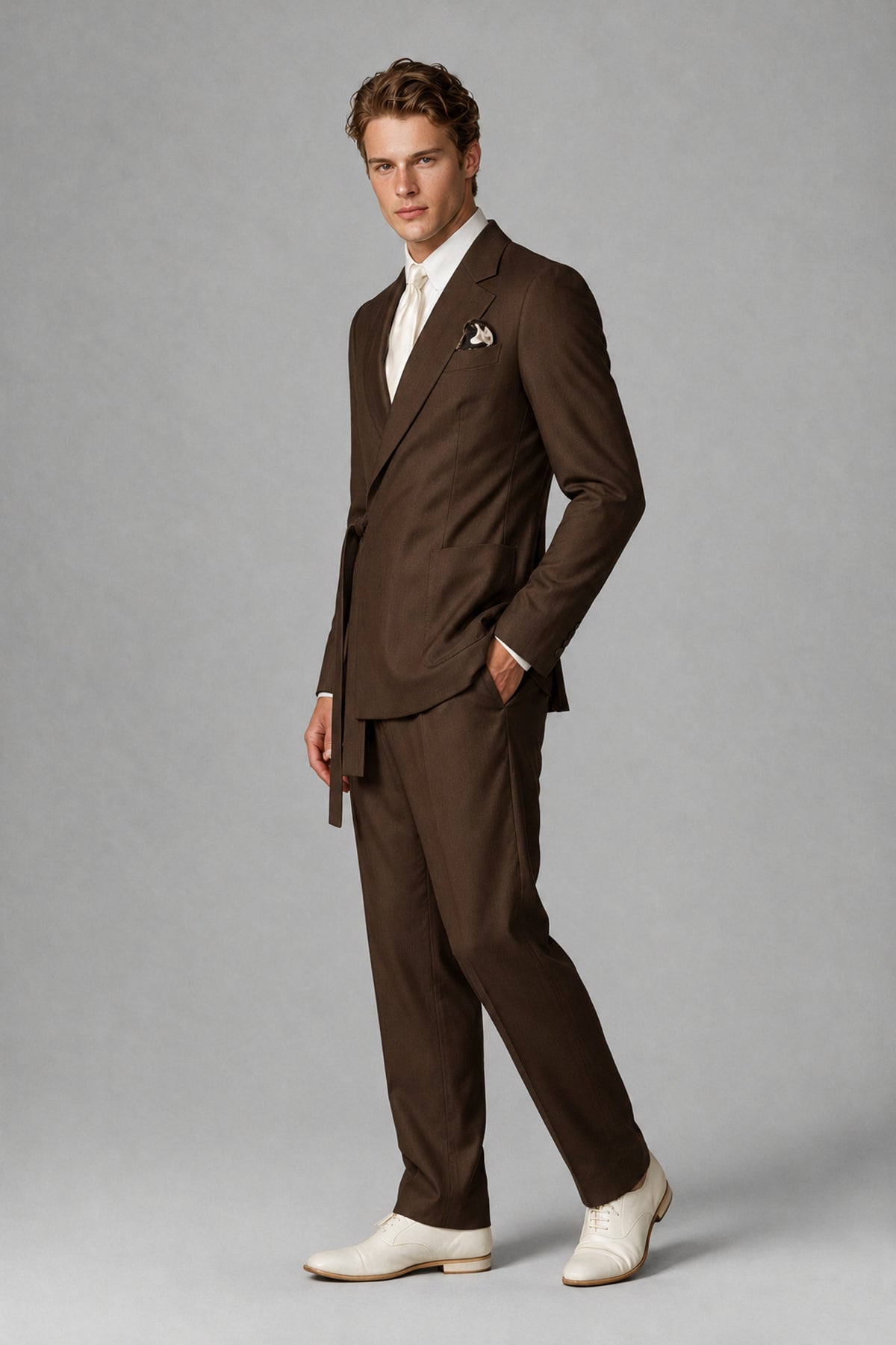 Bolodoo Men's Chocolate Wrap Tie-Waist Two-Piece Suit – Jacket & Trousers - Chocolate - Chocolate_4