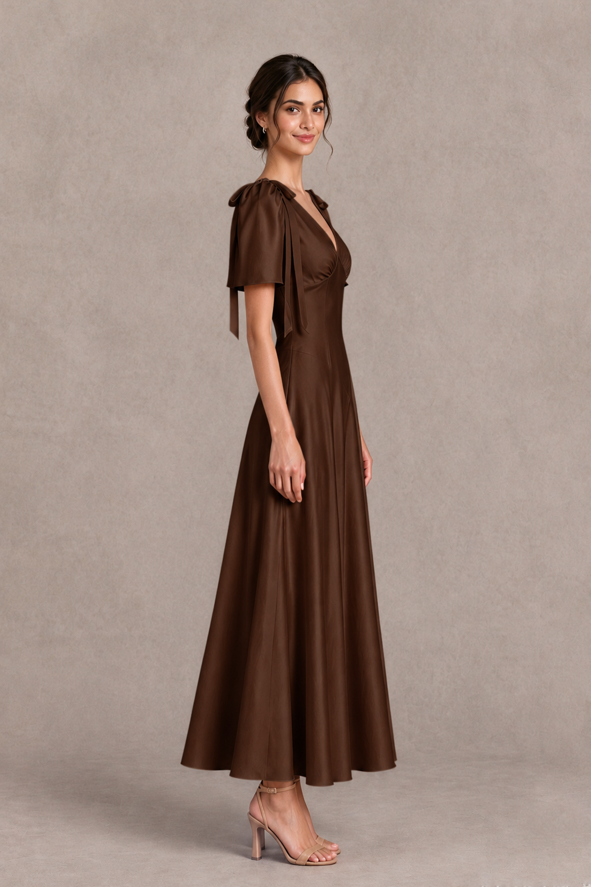 BOLODOO Chocolate V-Neck Short Sleeve Satin-Look Bridesmaid Dress with Shoulder Bows - Chocolate - Chocolate_4