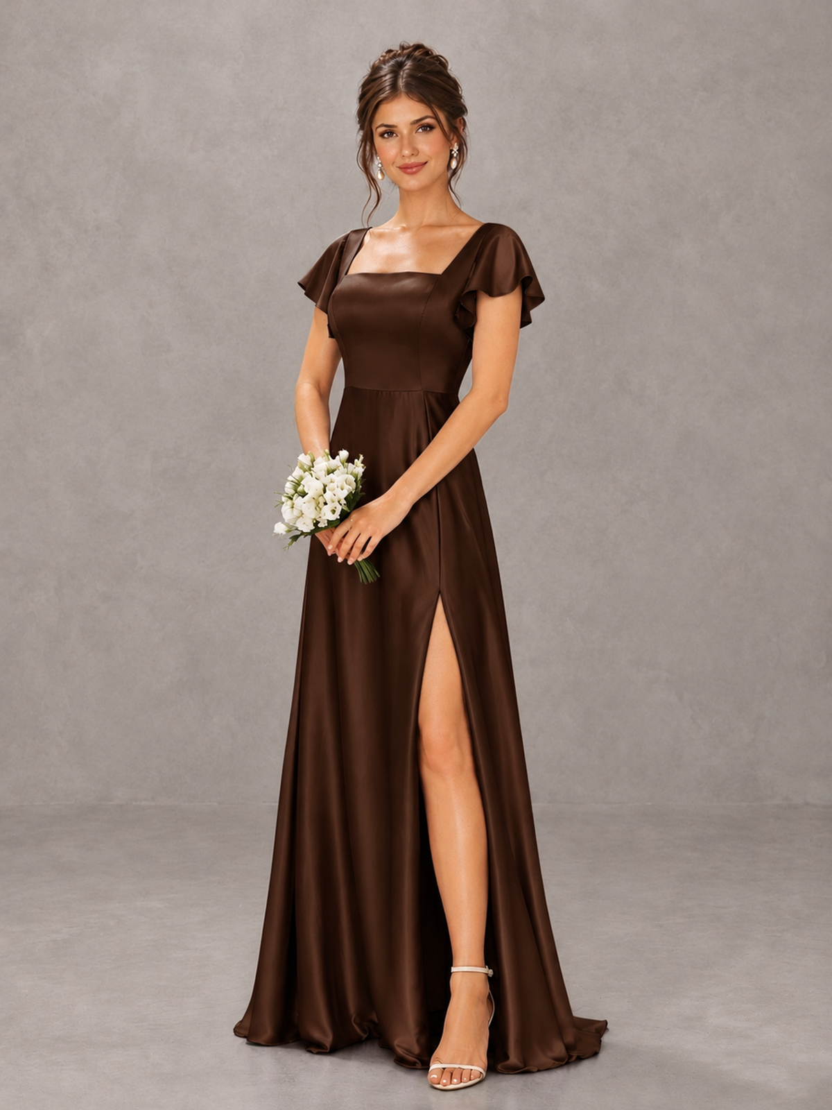 BOLODOO Chocolate Satin Square Neck Flutter Sleeve A-Line Bridesmaid Dress with Slit - Chocolate - Chocolate_4